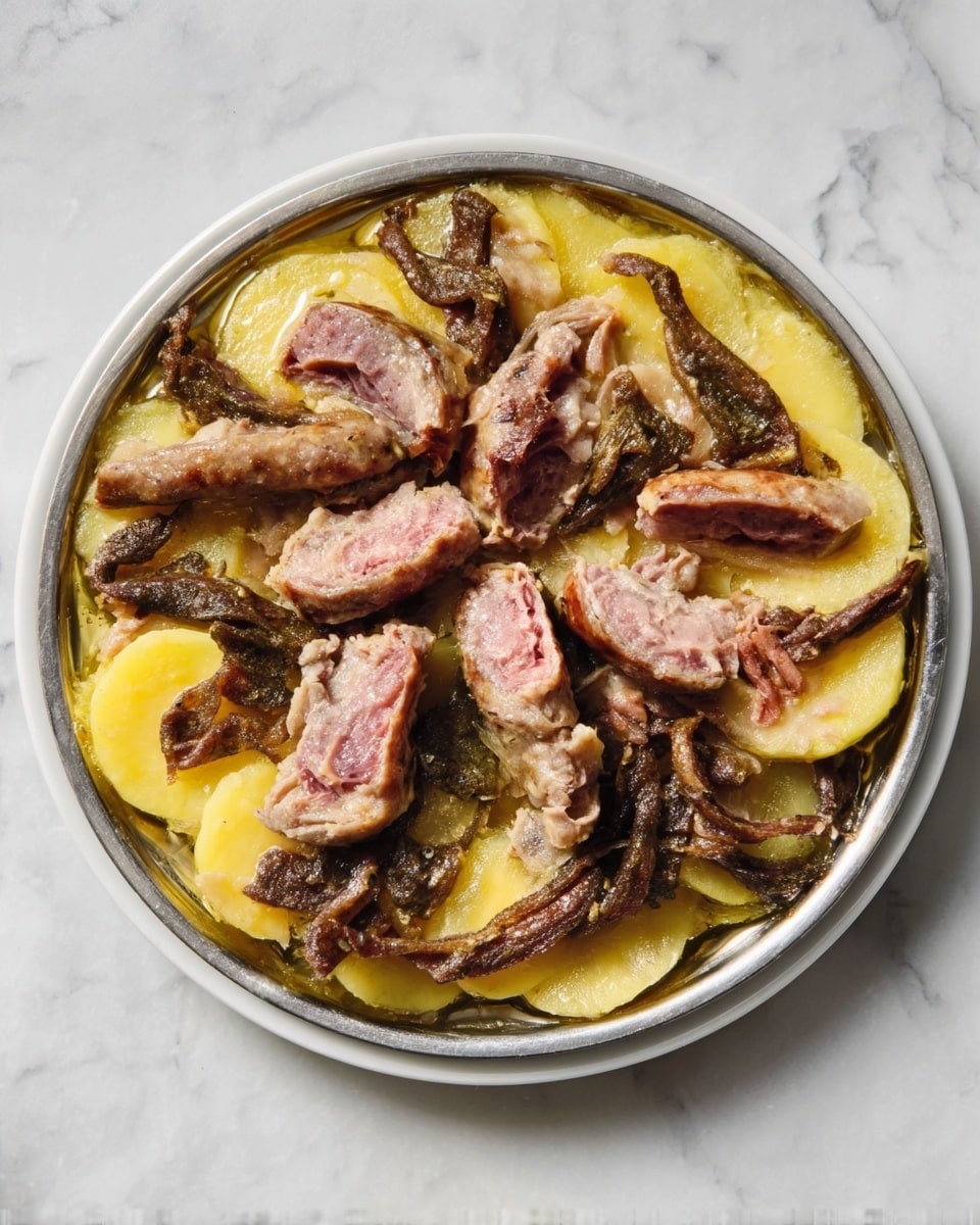 A white plate on a white marbled surface holds a dish with several layers: the bottom layer is made of sliced yellow potatoes spread across the plate, topped with a layer of dark brown, curled, sausage-like pieces scattered around, and slices of pinkish cooked meat pieces placed in the center and over the sausages. The textures show the soft, smooth potatoes beneath the firm, slightly crispy sausages and tender meat. Photo taken with an iphone --ar 4:5 --v 7