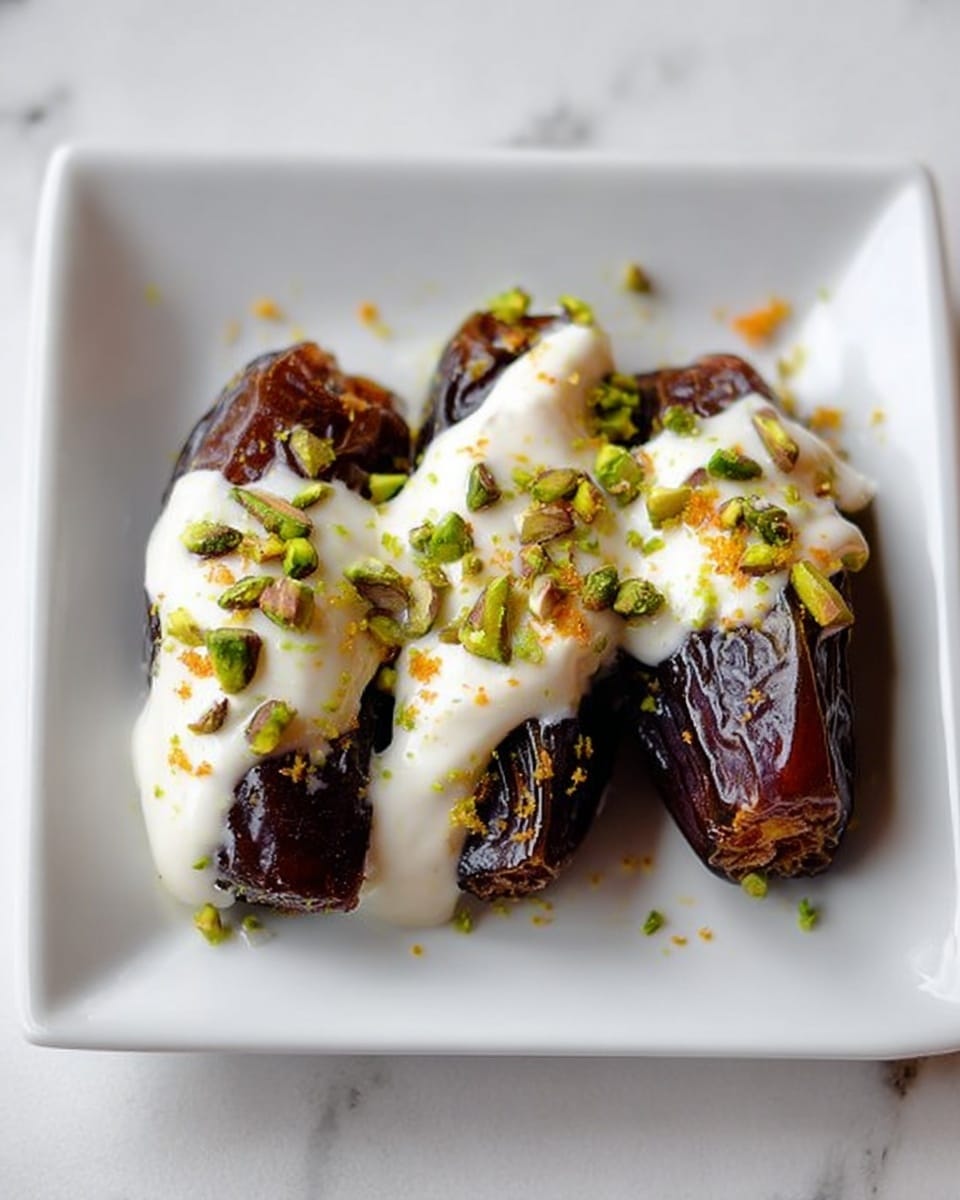 The image shows three dark brown, wrinkled dates placed on a white square plate, set on a white marbled surface. Each date is generously topped with a thick layer of smooth white cream that looks soft and fresh. On top of the cream, there are small chopped green pistachio nuts and a light sprinkling of orange zest, adding a touch of color and texture. The dates are aligned horizontally, and the white cream slightly drips over the edges of the dates. photo taken with an iphone --ar 4:5 --v 7
