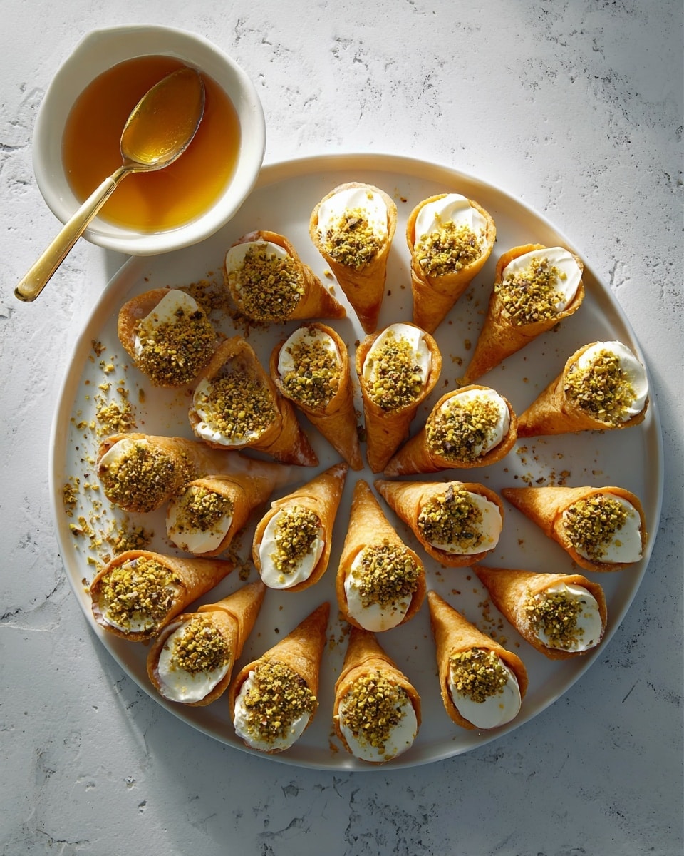 The image shows a round white plate with a decorative rim, topped with thirteen triangular, golden-brown pastries arranged in a circle, each piece pointing inward. Each pastry has its wide base generously covered with a layer of finely chopped pistachios, adding a bright green and yellow texture contrast to the crispy and smooth brown pastry surface. The plate sits on a white marbled table, and three smaller plates with similar desserts are partially visible around it. The overall look is neat and colorful, with the green pistachios and warm brown pastries standing out against the white plate and marble surface. Photo taken with an iphone --ar 4:5 --v 7