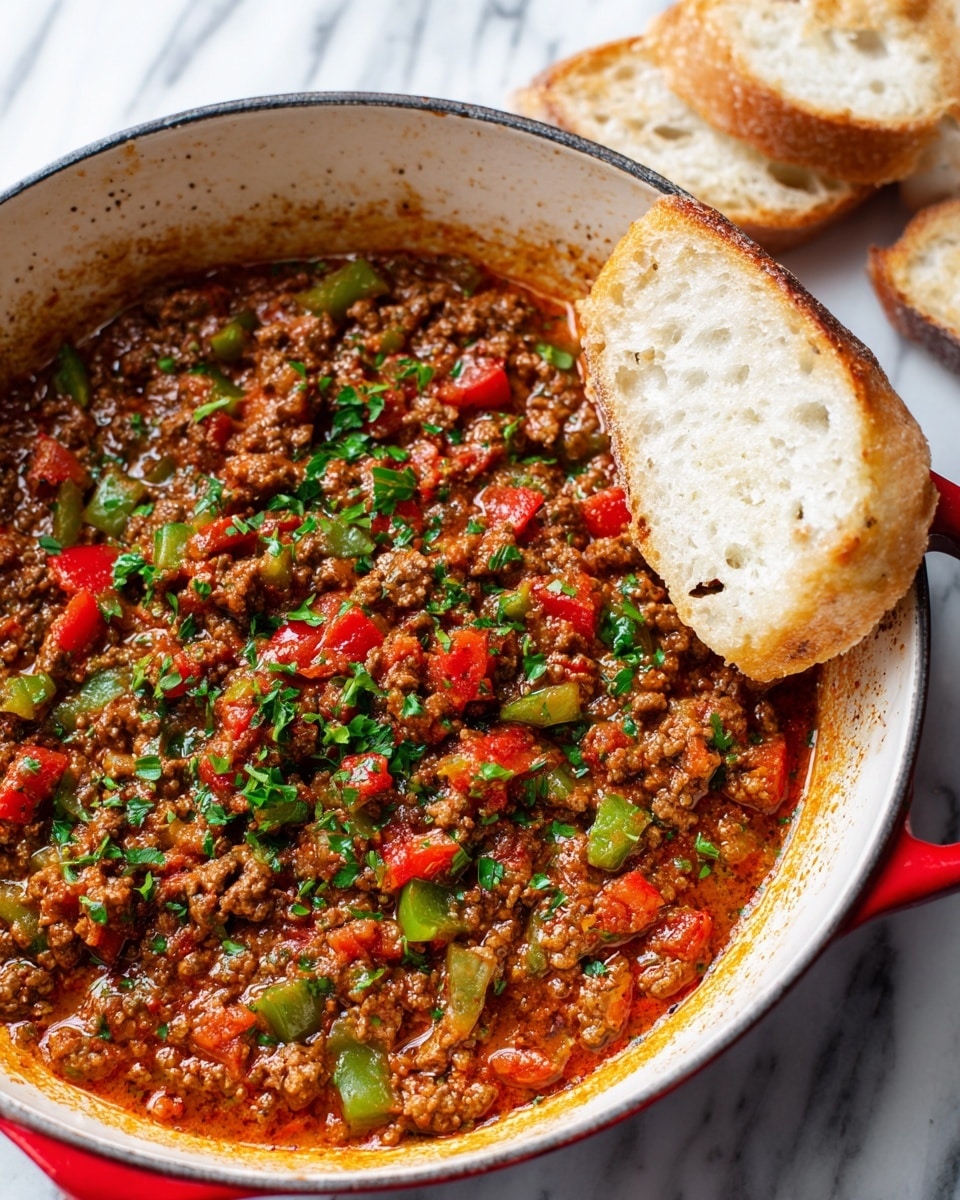 A close-up of a white cast iron pan with a red outside edge filled with a mix of cooked ground meat, diced green bell peppers, chopped red tomatoes, and finely chopped onions, all combined in a rich reddish-brown sauce with a slightly chunky texture. Small pieces of chopped green herbs are sprinkled on top, adding a fresh touch, and a piece of crusty white bread rests on the right side inside the pan. The pan sits on a white marbled background with slices of crusty white bread placed nearby. photo taken with an iphone --ar 4:5 --v 7