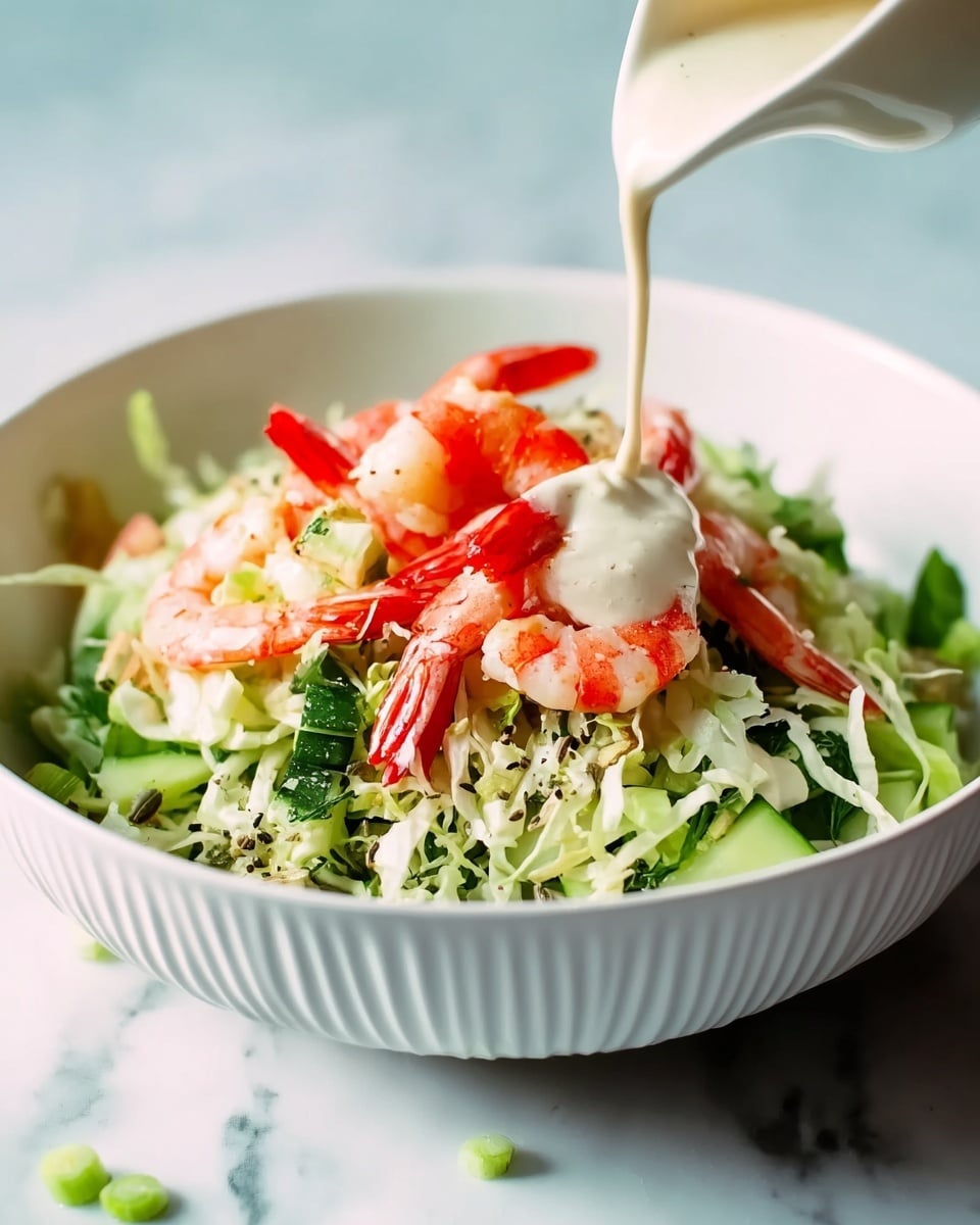 A fresh salad is shown in a white ridged bowl, resting on a white marbled surface. The salad has three main layers: the bottom layer is light green shredded cabbage, the middle layer contains thin pale green strips of cucumber and green herbs scattered throughout, while the top layer has bright red whole cooked shrimps arranged visibly with their tails up, adding a pop of color. A creamy white dressing is being poured gently over the shrimp and greens from above, creating a smooth texture contrast. The composition is bright and vibrant with fresh flavors. photo taken with an iphone --ar 4:5 --v 7