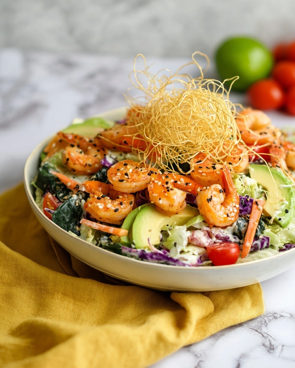 A bowl filled with multiple layers of fresh salad ingredients sits on a white marbled surface with a yellow cloth beneath. The bottom layer is a mix of green spinach leaves and purple cabbage shreds, topped with bright orange cooked shrimp that have black sesame seeds sprinkled on them. Added on top of the shrimp are slices of green avocado and halved red cherry tomatoes, along with thin orange carrot sticks scattered throughout. The salad is lightly drizzled with a white creamy dressing, and the whole dish is crowned with a delicate nest of thin, crispy fried noodles placed in the center. In the background, a green lime and some blurred small red tomatoes add a pop of color. The bowl is white with a slight shine to it. Photo taken with an iphone --ar 4:5 --v 7