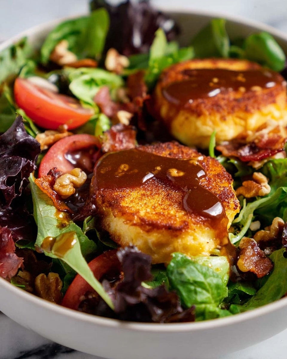 A white bowl contains a fresh salad with bright green and purple leafy lettuce forming the bottom layer, mixed with dark green leaves and chunks of red tomato. On top, there are two golden brown, round, crispy cheese patties with a smooth, shiny brown sauce drizzled over each. Small pieces of bacon and walnuts are scattered around the patties, adding texture and color contrast. The whole dish looks fresh and vibrant, placed on a white marbled surface. Photo taken with an iphone --ar 4:5 --v 7