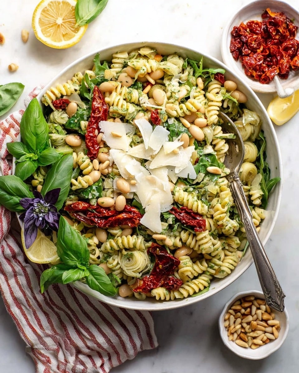 A white bowl filled with a colorful pasta salad that has about four main layers: the base layer is spiral pasta with a light green pesto coating, mixed evenly with white beans; scattered throughout are sun-dried tomatoes in deep red strips, dark green leafy arugula, and light green artichoke hearts; on top are thin, white shavings of cheese placed randomly, along with a sprinkle of tan pine nuts; fresh green basil leaves and a purple basil flower are arranged on one side for garnish, and a quarter lemon wedge rests on the edge of the bowl; a silver spoon stands upright in the bowl; nearby on the white marbled surface are small white bowls holding pine nuts and sun-dried tomatoes, with a piece of striped cloth below the bowl; photo taken with an iphone --ar 4:5 --v 7