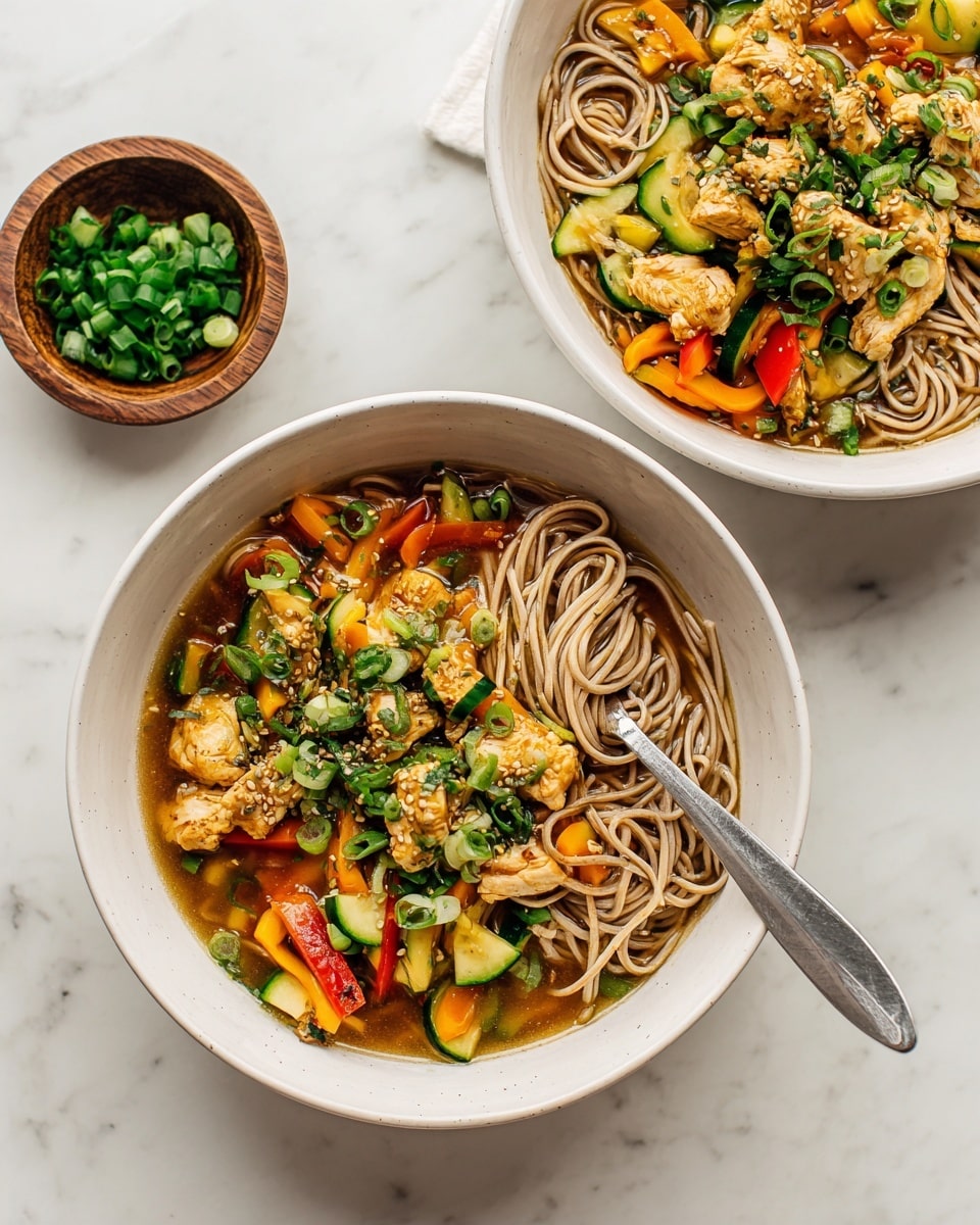 The image shows a white bowl filled with soba noodle salad on a white marbled surface. At the bottom layer, there are light brown soba noodles forming a tangled base. On top of the noodles, there are thin strips of red and orange bell peppers mixed with small pieces of cucumber, adding bright colors. Scattered green chopped spring onions and crushed light tan peanuts are spread over the dish, creating a fresh and crunchy texture. A woman's hand holds wooden chopsticks with a red and white pattern, picking up some noodles from the right side of the bowl. A cut lime half is visible at the top right of the frame. Photo taken with an iphone --ar 4:5 --v 7