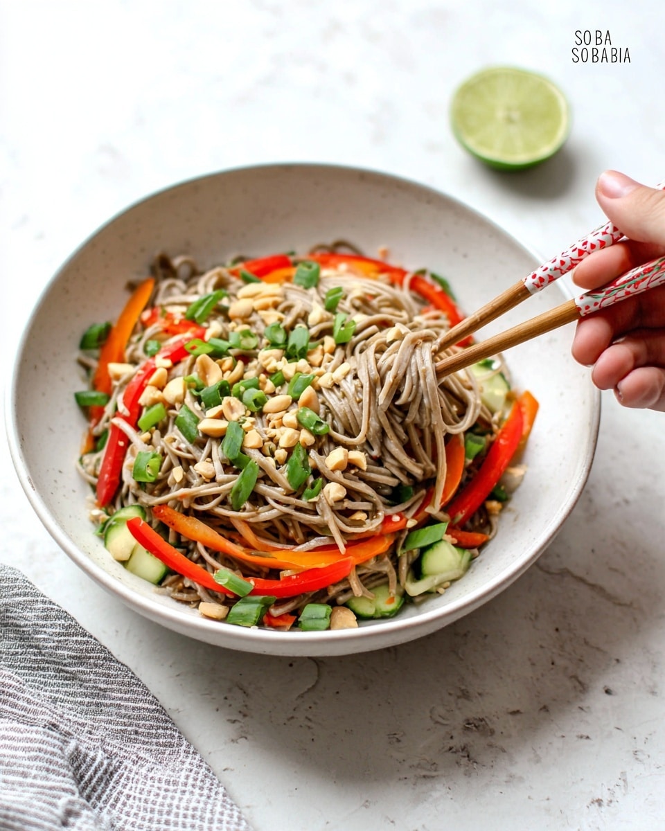 Two white bowls are filled with a noodle dish placed on a white marbled surface. Each bowl has three visible layers: the bottom layer is light brown soba noodles, coiled in the center; the middle layer consists of mixed colorful vegetables including green cucumbers, orange carrots, and red bell peppers; the top layer shows pieces of golden-browned chicken and bright green chopped scallions scattered all around. A silver fork rests inside the front bowl, slightly lifting some noodles. To the side, there is a small wooden bowl filled with fresh chopped green scallions. The scene is bright and clear, capturing fresh, vibrant colors. photo taken with an iphone --ar 4:5 --v 7