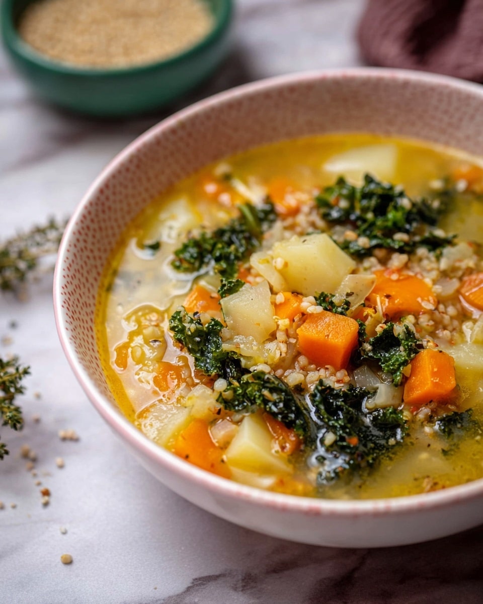 A close-up view of a bowl filled with hearty soup showing three main layers: the top layer has bright green kale leaves with a leafy texture scattered across; underneath is a mix of diced orange carrots, white potato pieces, and small grains in a light yellow broth with a slightly oily surface; the bowl is white with a soft pink dotted pattern around its edge, set on a white marbled surface with a blurred green bowl of grains and a small sprig of herbs in the background. photo taken with an iphone --ar 4:5 --v 7