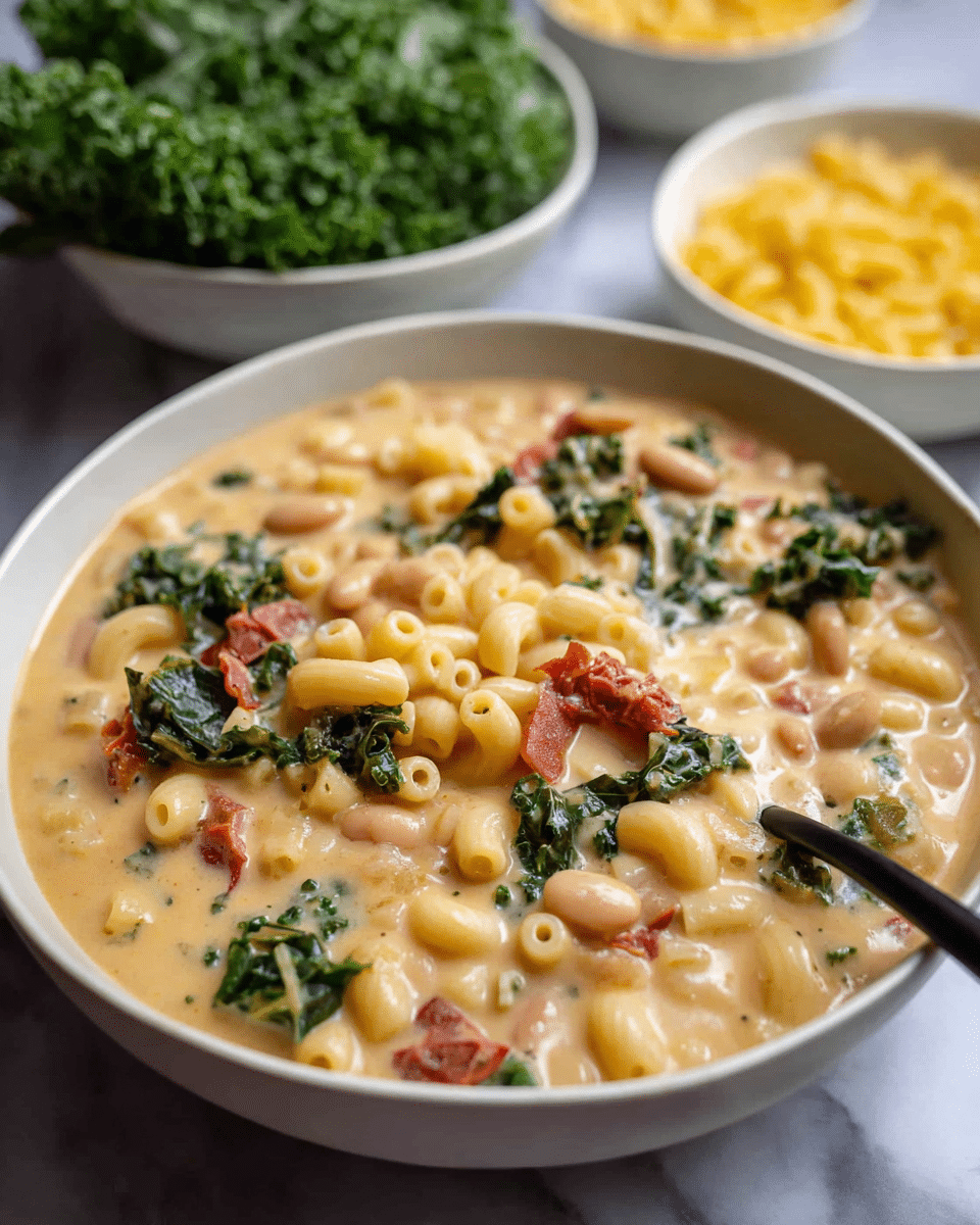 A close-up of a creamy macaroni and bean soup served in a white bowl, showing at least three layers: a thick light beige creamy base, medium-sized elbow macaroni pasta in a pale yellow shade, and scattered pieces of dark green kale and reddish tomato chunks throughout. There is a black spoon partially dipped into the soup on the right side. In the blurred background, two white bowls hold bright green kale on the left and uncooked yellow elbow macaroni on the right, all set on a white marbled surface. photo taken with an iphone --ar 4:5 --v 7