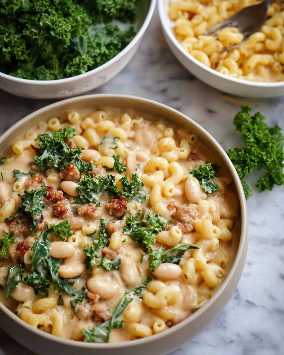 The image shows a close-up of a creamy pasta dish served in a white bowl with a smooth texture. The dish has three visible layers: a base layer of small elbow macaroni pasta in pale yellow, mixed throughout with soft white beans. The second layer is a rich, creamy sauce with a light beige color that coats the pasta and beans. The third layer includes chopped green kale leaves and small pieces of browned sausage scattered on top, adding texture and color contrast. In the background, there are two white bowls, one filled with fresh green kale leaves and the other with more pasta. The scene is set on a white marbled surface. Photo taken with an iphone --ar 4:5 --v 7