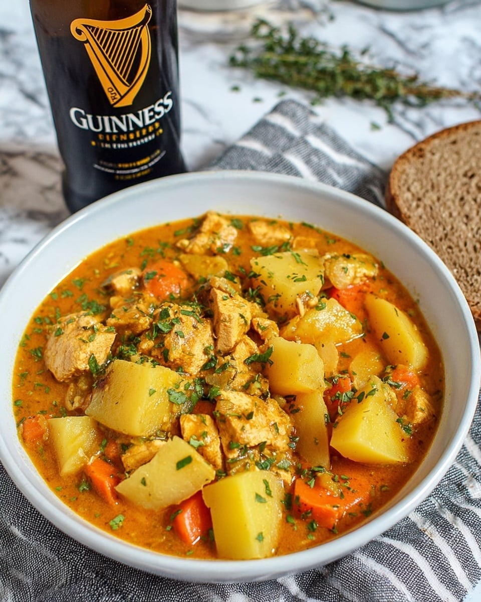 The image shows a white bowl filled with a thick stew that has about three visible layers: large pale yellow chunks of potatoes, medium pieces of light brown meat or tofu, and small pieces of orange carrots, all mixed in a rich, orange-brown broth with green herb sprinkles on top. The bowl sits on a folded grey and white striped cloth, and behind it there is a brown bottle labeled Guinness Original and some green herb sprigs. A slice of brown bread is partly visible at the top right corner, and the background is a white marbled surface. photo taken with an iphone --ar 4:5 --v 7