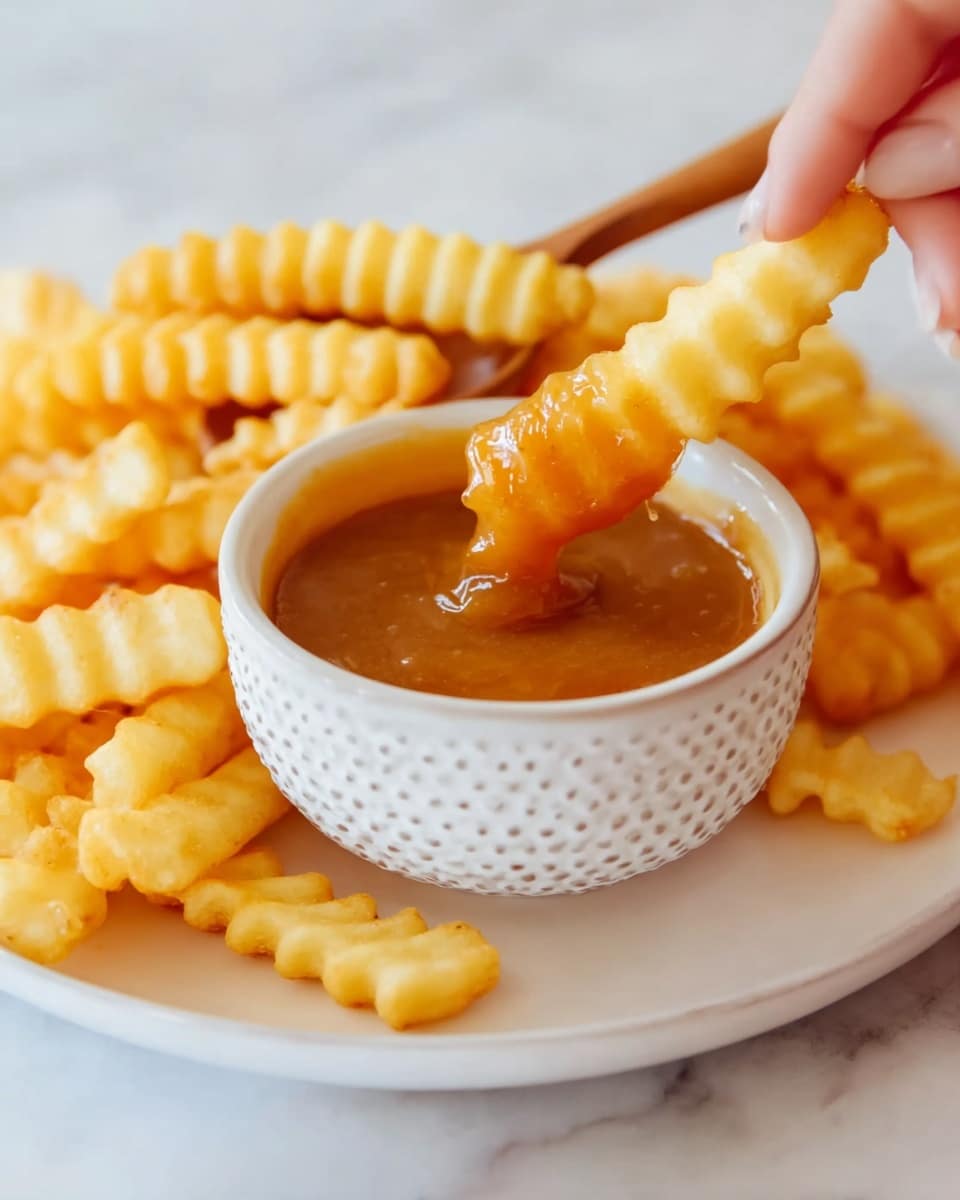 A white plate holds a pile of golden yellow crinkle-cut fries, some stacked loosely around a small white bowl with a dotted texture filled with orange-brown dipping sauce. A wooden spoon rests on the bowl's edge, partially covered with the sauce. A woman's hand is shown dipping one crinkle-cut fry halfway into the sauce, capturing the sauce's glossy, thick texture clinging to the fry. The background features a soft white marbled surface. photo taken with an iphone --ar 4:5 --v 7