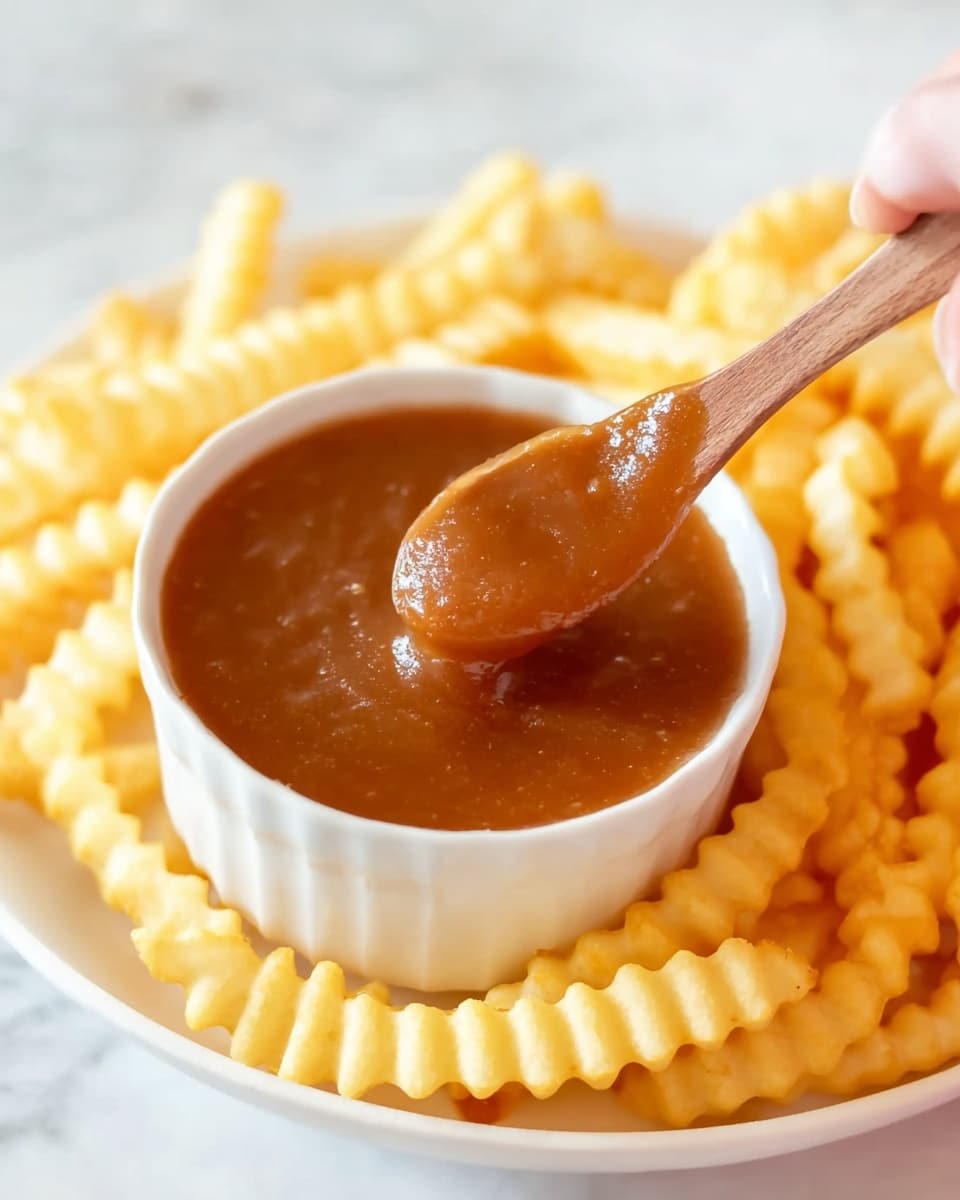 The image shows a white plate with golden-yellow crinkle-cut French fries spread around a small white bowl filled with thick, smooth brown sweet and sour sauce. A wooden spoon is dipped in the sauce, held by a woman's hand, creating a gentle swirl on its surface. The plate sits on a white marbled textured surface, adding a clean and bright background to the dish. photo taken with an iphone --ar 4:5 --v 7