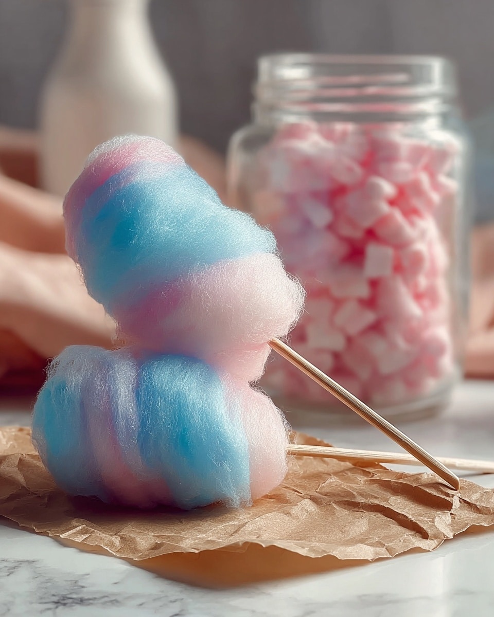 Three sticks of cotton candy sit diagonally on a crumpled brown paper on a white marbled surface. Each cotton candy features layers of soft, fluffy texture with pastel colors: the first is mostly blue on top with a bit of light pink below, the second has a large pastel pink layer in the middle surrounded by light blue, and the third is mostly light blue. In the background, a glass jar filled with pink cotton candy bits is blurred out. The soft lighting highlights the airy, delicate nature of the cotton candy. photo taken with an iphone --ar 4:5 --v 7