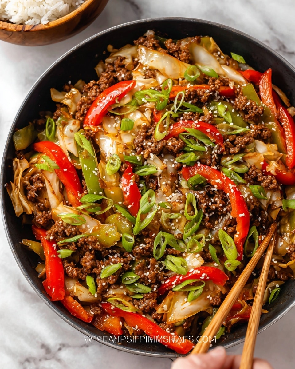 The image shows a colorful stir-fry dish in a black pan filled with several layers: at the bottom, there are light beige, thin slices of cabbage and onion strips; on top of that, browned ground beef pieces are mixed in with bright red bell pepper strips and light green celery slices. The dish is garnished with green chopped scallions scattered across it, and white sesame seeds sprinkled over everything, adding texture. The close-up view highlights the glistening sauce coating the ingredients. The photo is taken on a white marbled surface, with a wooden bowl of white rice slightly blurred in the background, and a woman's hand holding a chopstick near the top left. photo taken with an iphone --ar 4:5 --v 7