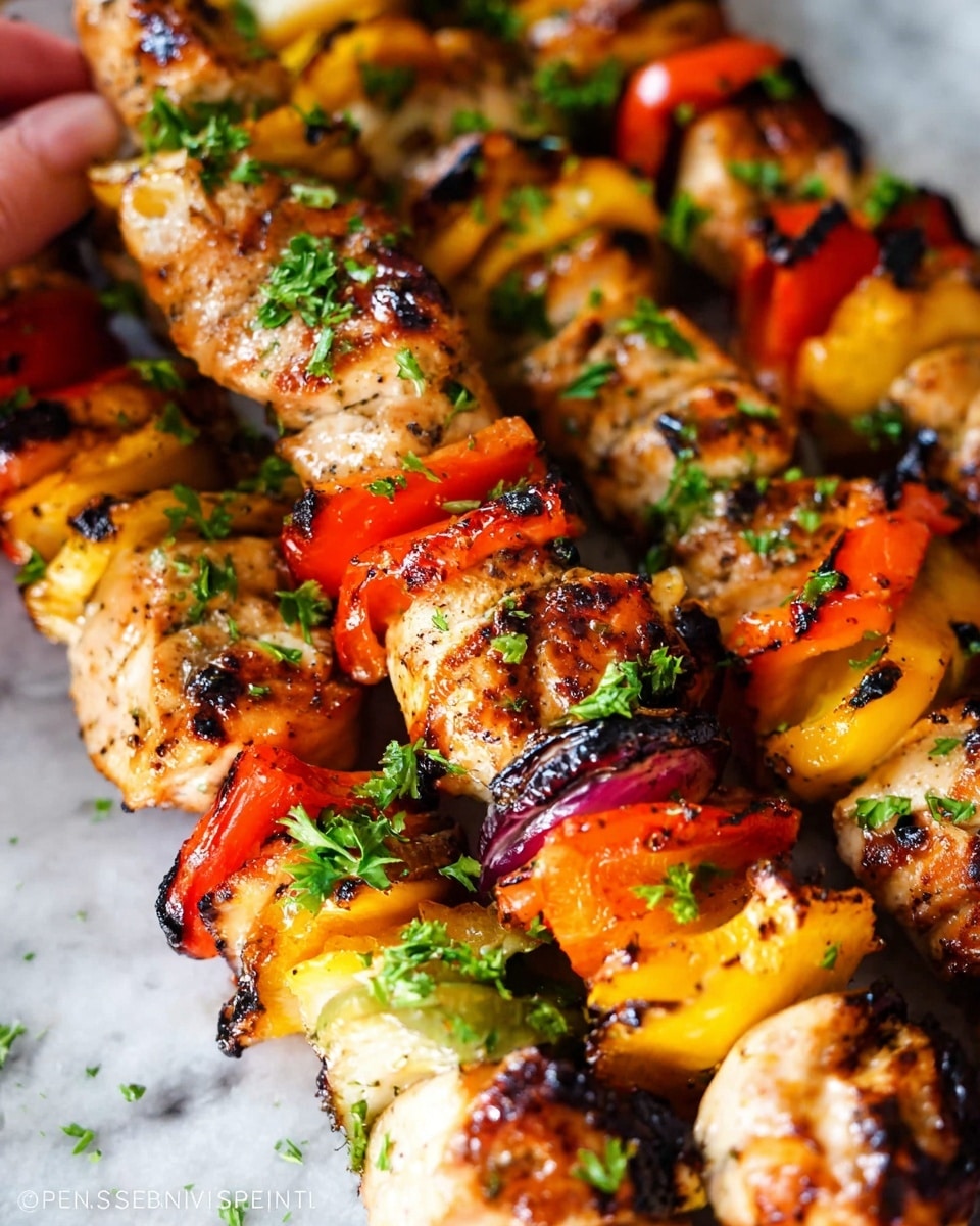 The image shows several skewers of grilled chicken and vegetables arranged closely together. Each skewer has a layer of red bell pepper pieces that are bright with char marks, followed by yellow bell peppers with a slightly burnt texture, then chunks of golden-brown grilled chicken with a shiny, slightly caramelized surface. Some green parsley leaves are sprinkled on top of the chicken pieces. The background is a white marbled texture, and near the bottom left, a woman's hand is reaching toward the skewers. Photo taken with an iphone --ar 4:5 --v 7