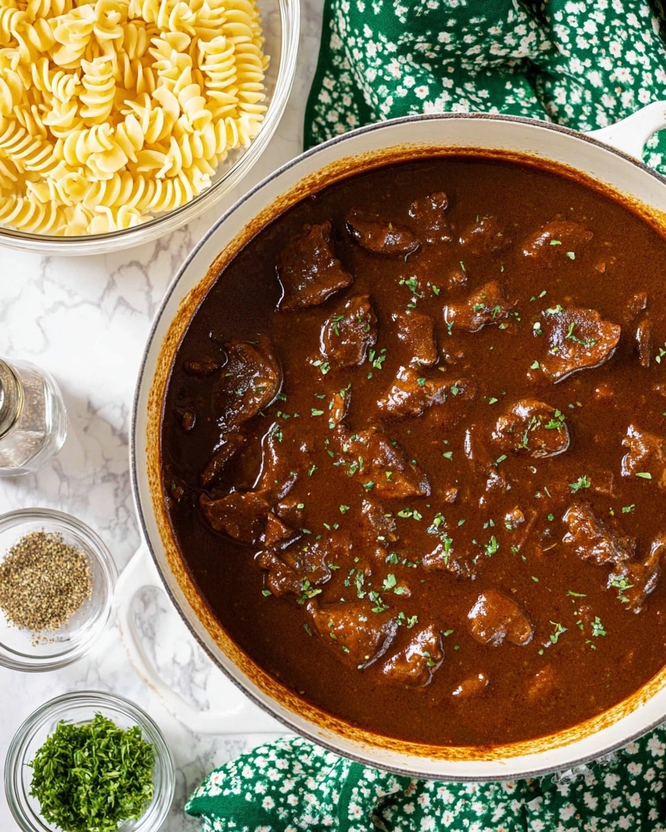 A white pot filled with a thick, dark brown stew that is smooth and glossy in texture, with several chunks of tender meat visible beneath the surface. The stew is scattered with small green herb pieces on top, adding a touch of color. Nearby, there is a clear glass bowl containing pale yellow cooked noodles with a spiral shape. The scene is set on a white marbled surface, with a green cloth showing a white floral pattern, a glass container with spices, and a small clear bowl with extra green herbs. photo taken with an iphone --ar 4:5 --v 7