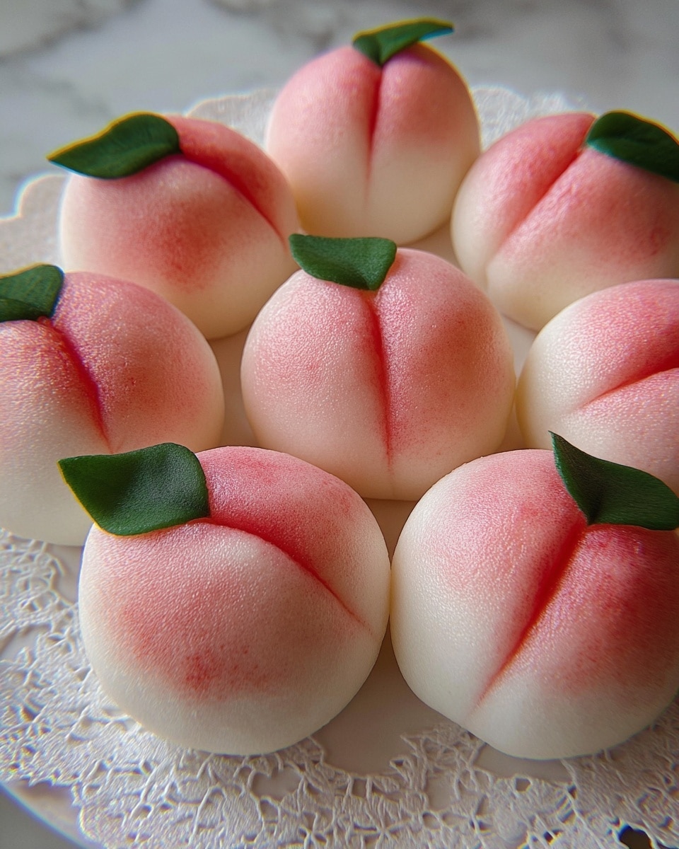 The image shows several peach-shaped buns placed on a metal steamer tray with a mesh surface. Each bun has a two-layer look: the outer part is pale pink with a smooth texture and a distinct central crease, shaping it like a peach, while the bottom has a bright green leaf with detailed veins, adding contrast and a fresh look. The buns sit separately, spaced out evenly on the tray. The whole scene rests on a white marbled texture surface. photo taken with an iphone --ar 4:5 --v 7