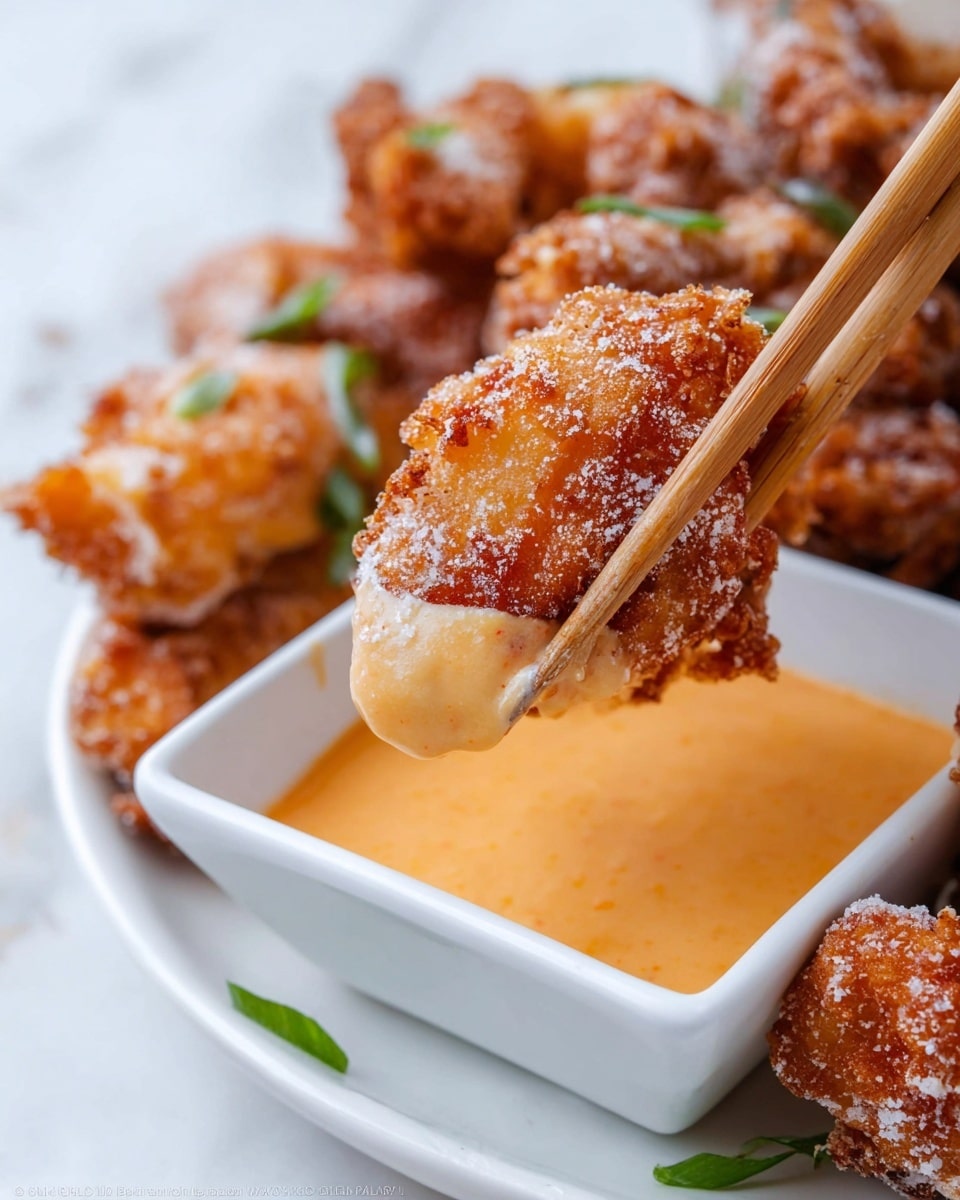 The image shows a piece of crispy, golden-brown fried chicken being held by a pair of wooden chopsticks, dipped halfway into a small white square dish filled with creamy, orange-colored sauce. The fried chicken has a crunchy texture with some white flour dusting visible on its surface. The small dish is placed on a larger white plate, which holds more pieces of fried chicken in the background, some garnished with green herbs. The scene is set on a white marbled surface with a few green plant leaves partially visible around the edges. Photo taken with an iphone --ar 4:5 --v 7