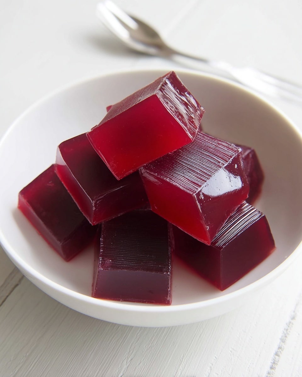 A white bowl holds eight deep red jelly cubes with a smooth, glossy surface and slightly translucent texture. The cubes are arranged closely together, some stacked, showing fine horizontal lines on their sides and sharp, clean edges. The bowl sits on a white marbled surface, and a silver fork is blurred in the background at the top right corner. photo taken with an iphone --ar 4:5 --v 7