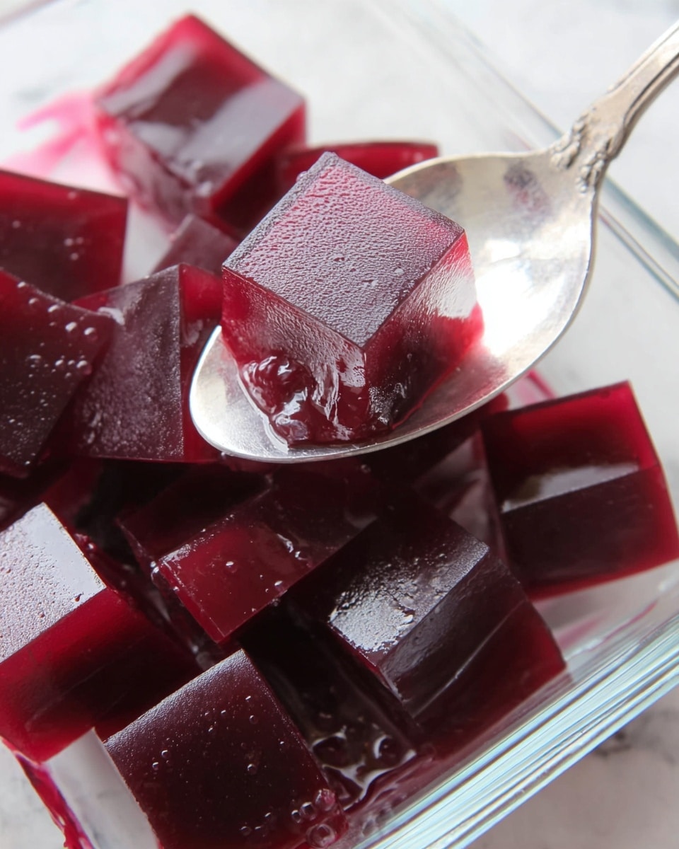 The image shows a close-up of shiny, deep red jelly cubes arranged in a white, clear glass container. The jelly pieces have smooth and slightly translucent surfaces with some fine texture lines on some cubes. A silver spoon holds a few of these jelly cubes, reflecting light and adding a metallic shine. The white marbled surface underneath complements the rich red color of the jelly, making it stand out brightly. photo taken with an iphone --ar 4:5 --v 7