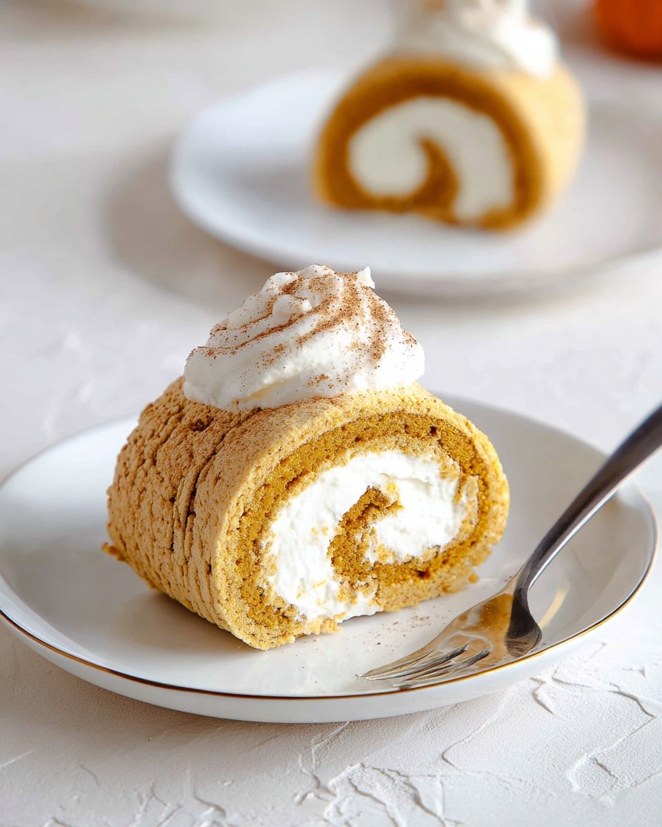 A slice of rolled cake sits on a white plate with a thin gold rim, on a white marbled surface. The cake has three visible layers: a light orange-brown sponge layer on the outside, a thick spiral of white cream in the middle, and a slightly darker, light brown layer inside the cream spiral. On top of the cake slice is a small swirl of white whipped cream dusted lightly with cinnamon or cocoa powder. In the background, another slice of the same cake is slightly out of focus on a similar white plate. In the foreground, a silver fork lays casually on the white marbled surface. photo taken with an iphone --ar 4:5 --v 7