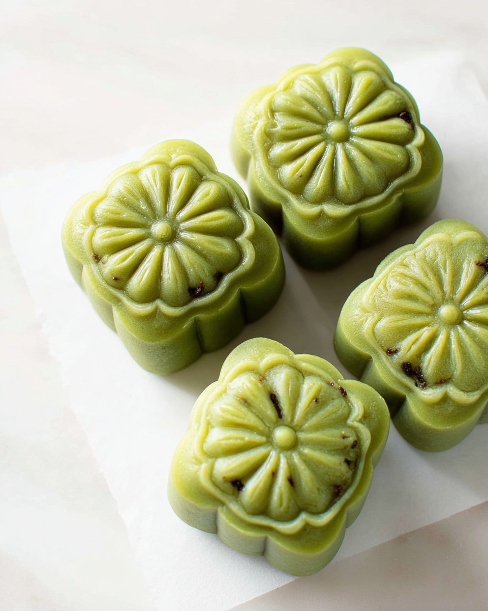 The image shows four green mooncakes with a floral pattern on top placed on a white plate over a white marbled surface. Three mooncakes are whole, displaying their smooth, detailed green outer layer with a slightly glossy texture. One mooncake is cut in half, revealing a dark red-brown filling inside that is dense and smooth with a soft texture, contrasting with the green outer layer. The mooncakes are arranged closely together, highlighting their intricate design and rich filling. Photo taken with an iphone --ar 4:5 --v 7