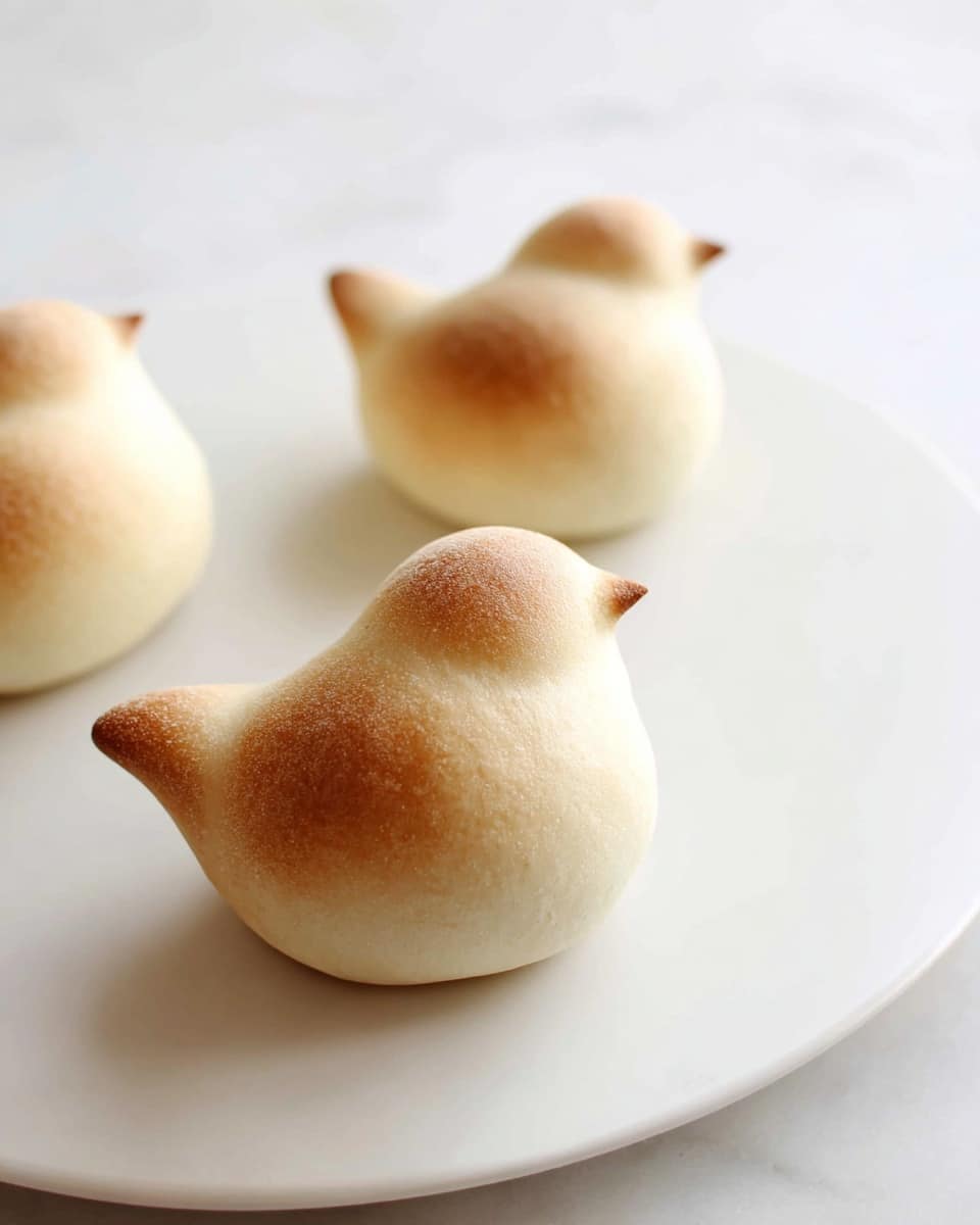 The image shows four small baked treats shaped like pears with a round base and a narrow top, each with a slightly browned tip. Their color is a gradient from light greenish at the base to golden brown at the top, giving a natural baked look. The surface texture appears smooth with small cracks and slight imperfections, indicating they are soft bread or pastries. They are placed directly on crumpled white parchment on a white marbled surface. The focus is on the two pear-shaped treats in the front, with two more blurred in the background. photo taken with an iphone --ar 4:5 --v 7