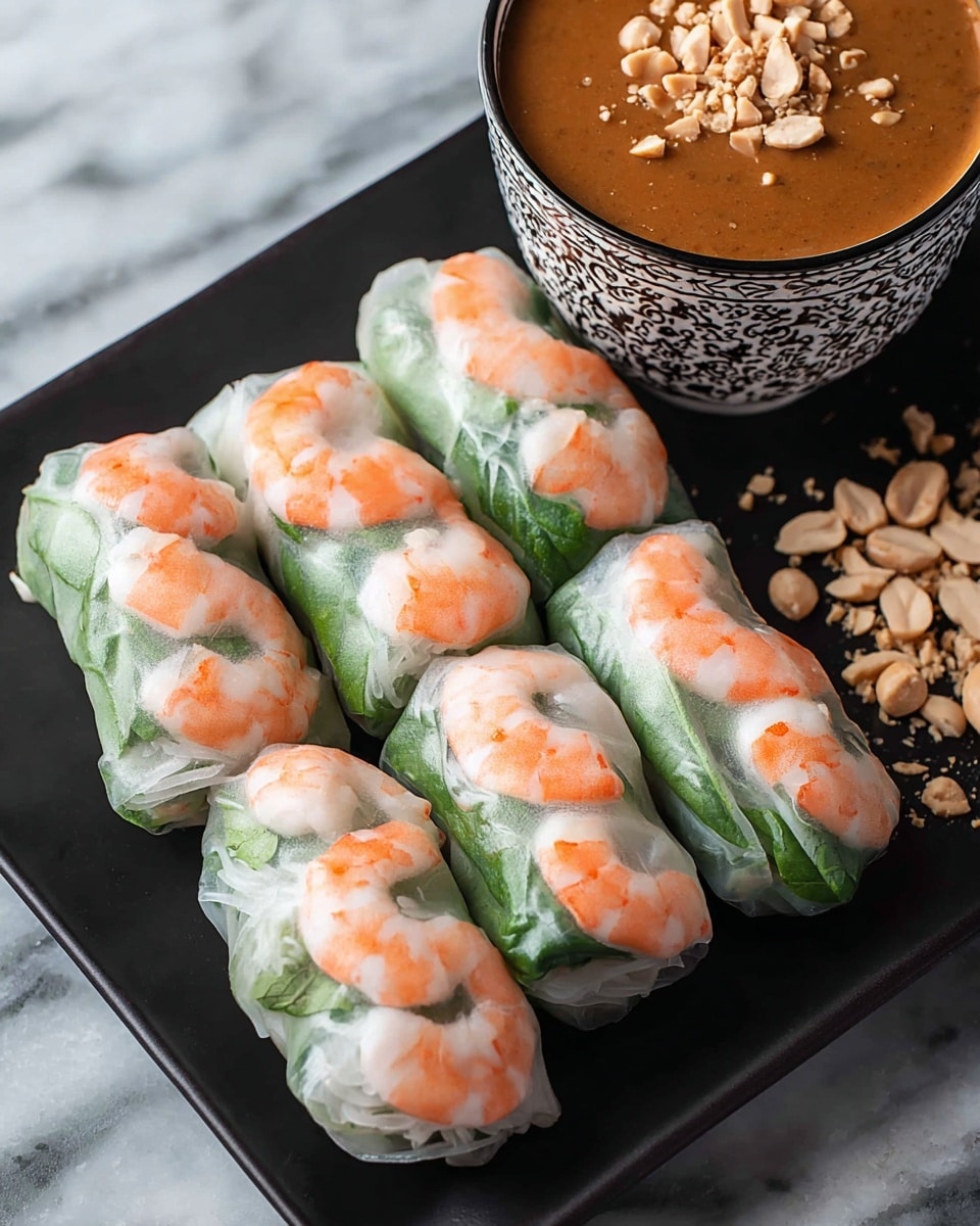 A set of six fresh shrimp spring rolls neatly arranged on a matte black square plate, each roll showing a translucent rice paper wrap with visible layers of bright orange shrimp and green leafy herbs inside, giving a fresh and clean look. The shrimp are placed in a line within the wrap, making distinct semicircles, while the green herbs add texture and color contrast. To the side, part of a white bowl with intricate black patterns holds a smooth, rich brown peanut sauce topped with crushed peanuts, sitting on a white marbled surface with some scattered peanuts nearby. photo taken with an iphone --ar 4:5 --v 7