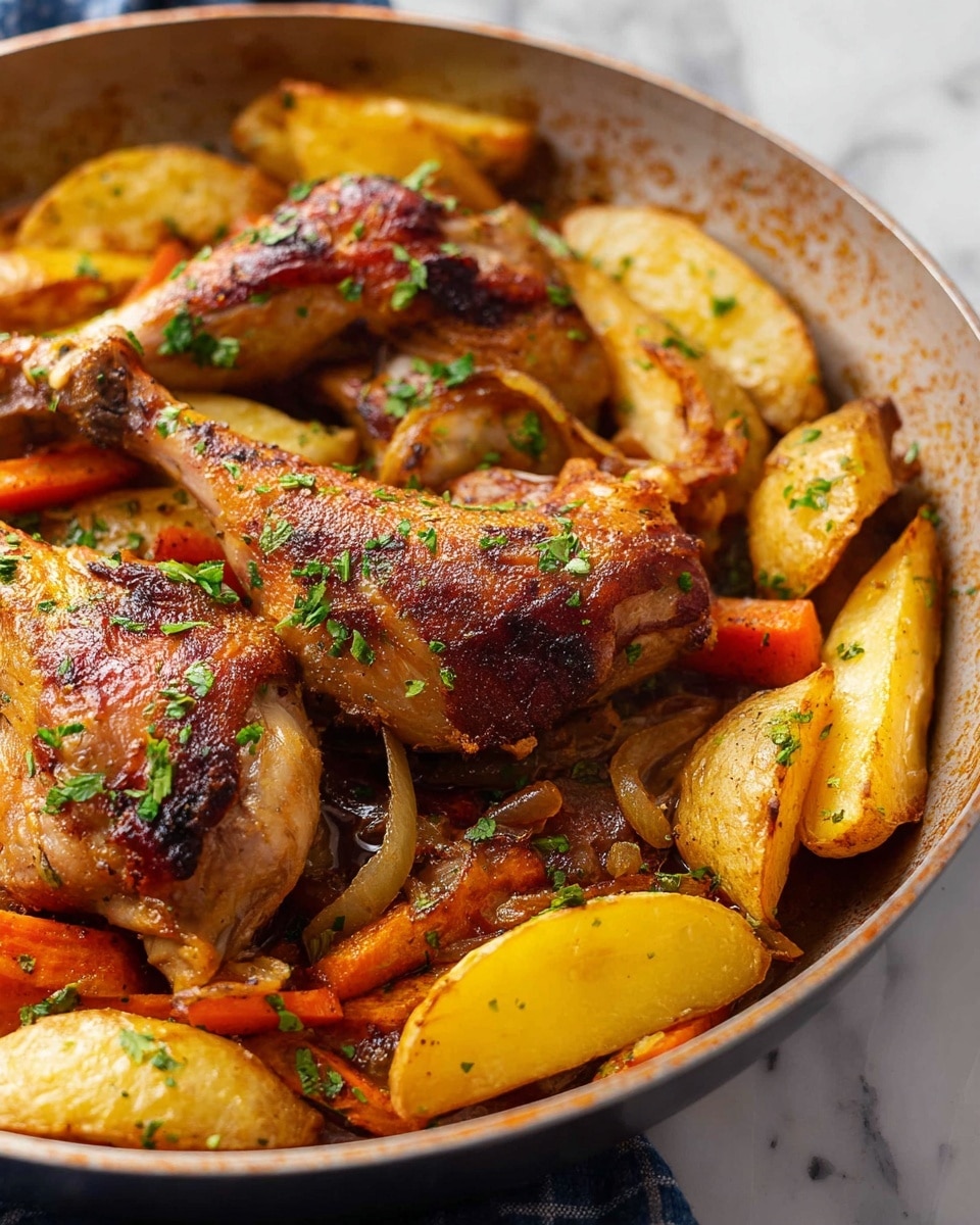 A pan filled with two dark golden brown roasted chicken legs placed near the center, surrounded by thick, golden potato wedges with a slight crispy texture and small chunks of lightly browned roasted onions and thin carrot strips. The chicken legs have a shiny, slightly crispy skin with sprinkled green chopped herbs on top, adding a fresh touch. The pan's edge is visible with a light brown interior, all set on a white marbled surface with a soft focus background. photo taken with an iphone --ar 4:5 --v 7