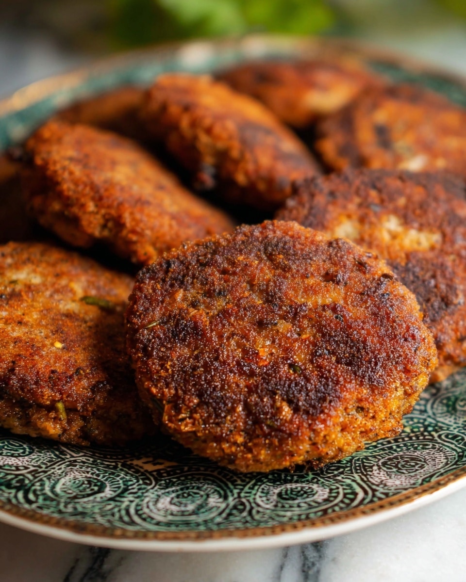 The image shows several pieces of golden brown fried patties with a crispy, textured surface arranged closely on a white plate with a detailed dark green and black circular pattern. The patties have uneven, crunchy exteriors with visible spices and herbs, giving them a rich and savory look. The background is softly blurred, enhancing the focus on the crispy patties, and the whole scene is set on a white marbled surface. photo taken with an iphone --ar 4:5 --v 7