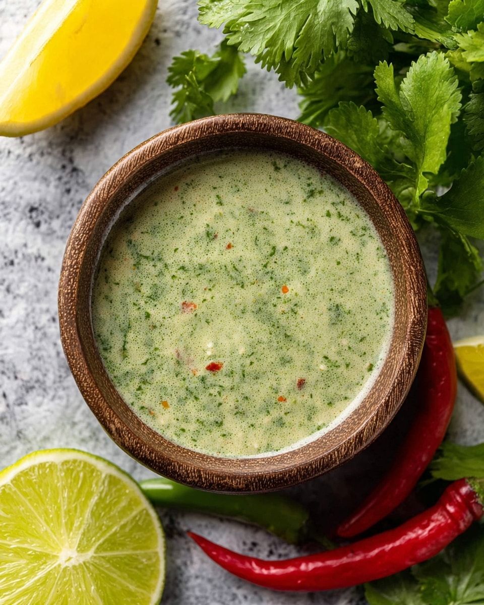 A close-up view of a small wooden bowl filled with a thick green sauce that has a slightly creamy texture, speckled with tiny bits of herbs and small red pieces, placed on a white marbled surface. Around the bowl, there are bright green cilantro leaves, a slice of lime, yellow lemon wedges, and both red and green chili peppers, which add vibrant colors to the image. The wooden bowl contrasts with the fresh ingredients and the white marbled background, creating a fresh and natural look. photo taken with an iphone --ar 4:5 --v 7