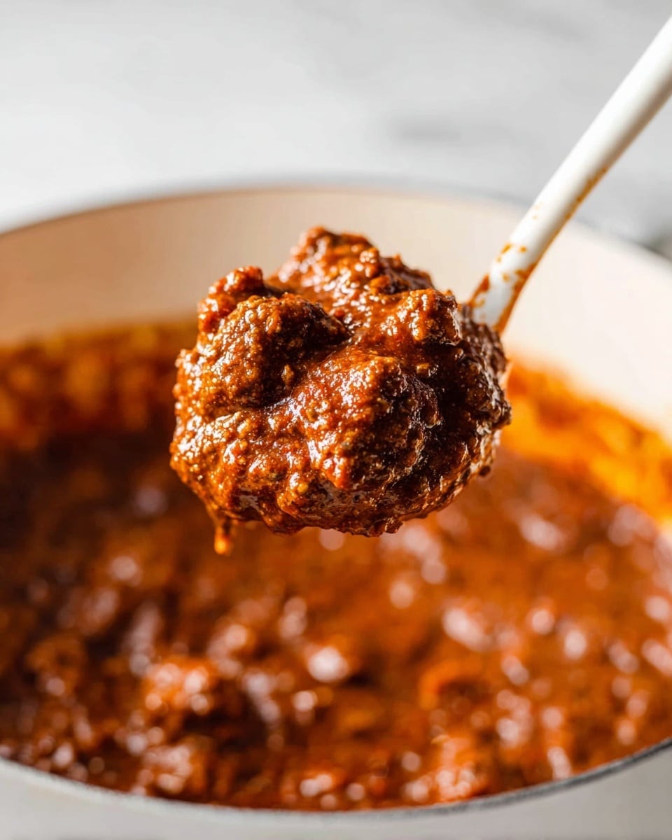 A close-up image of thick, chunky ground beef chili stewed in a rich, dark red sauce, being lifted by a white-handled spoon from a white pot. The chili consists of tender brown meat pieces coated in a glossy, smooth, deep brownish-red sauce, showing a slightly oily, textured surface. The background features the white pot filled with more chili, resting on a white marbled surface, softly blurred to keep focus on the spoonful. Photo taken with an iphone --ar 4:5 --v 7