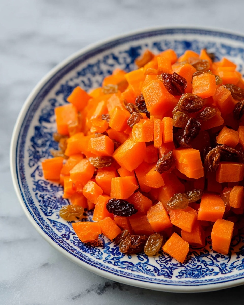 A close-up of a white plate with blue patterns filled with small, bright orange carrot cubes mixed with shiny golden raisins, all piled in a loose mound. The carrots have a smooth, slightly soft texture, and the raisins add a wrinkled, glossy contrast scattered evenly throughout. The plate sits on a white marbled surface. photo taken with an iphone --ar 4:5 --v 7