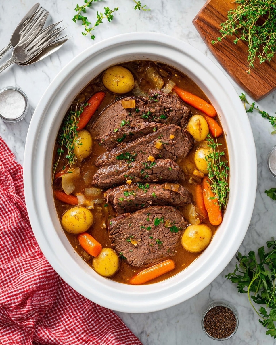 A large white oval dish contains several thick slices of dark brown, tender cooked beef laid in a row, partially submerged in a brown sauce with small chunks of onion. Surrounding the beef are whole baby carrots and small golden potatoes. Fresh green parsley and a sprig of thyme are scattered on top, adding a touch of color. The dish is set on a white marbled surface, with a red and white checkered cloth visible at the bottom left, two silver forks to the top left, and fresh green herbs scattered around. Salt and pepper containers on a small wooden board appear on the top right. photo taken with an iphone --ar 4:5 --v 7