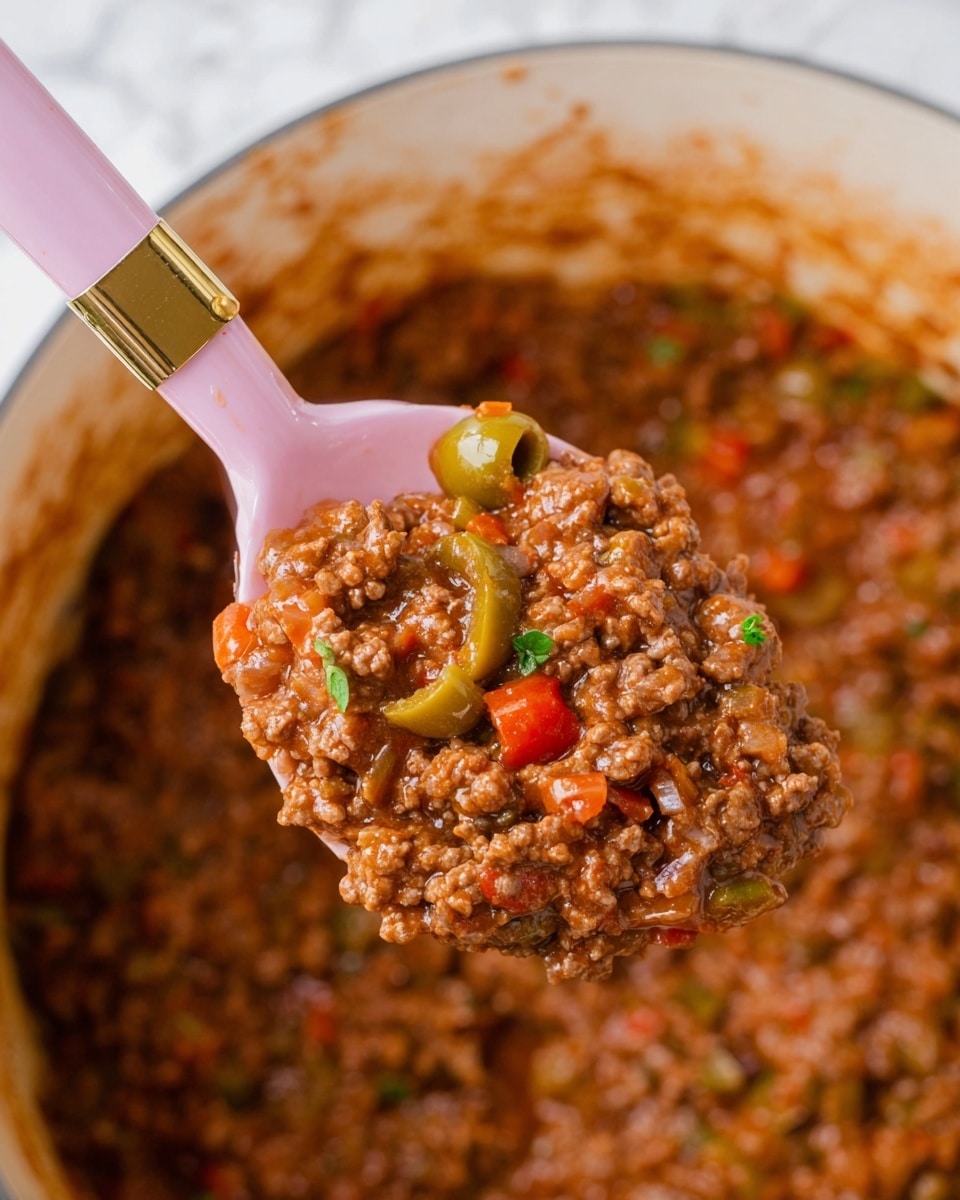 A close-up view of a thick minced meat mixture held in a pink spoon with a gold handle, showing finely ground cooked beef in a rich brown sauce mixed with pieces of green olives, red bell peppers, onions, and small green herbs, held over a white pot filled with the same chunky, glossy, saucy meat and vegetable mixture, all set against a white marbled texture. photo taken with an iphone --ar 4:5 --v 7
