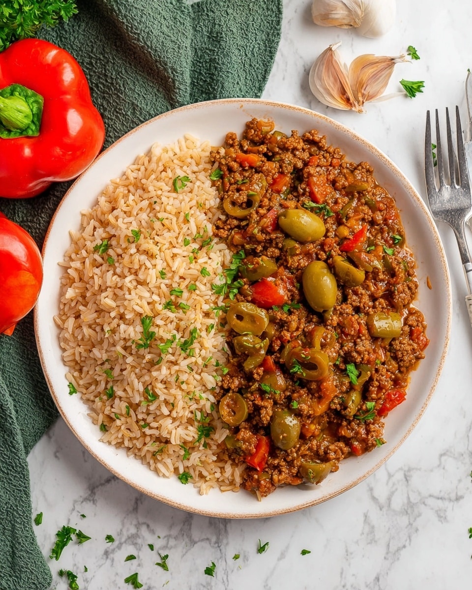 The dish on a white plate shows two main layers: on the left side, there is a layer of cooked brown rice with a fluffy texture and light brown color, while on the right side, there is a thick layer of ground meat stew mixed with green olives, small red and green vegetable pieces, and garnished with chopped green herbs. The stew has a rich brown sauce coating the meat and vegetables. The plate is placed on a white marbled surface with a silver fork nearby and fresh garlic, red bell pepper, and tomatoes partially visible on a green cloth in the background. Photo taken with an iphone --ar 4:5 --v 7