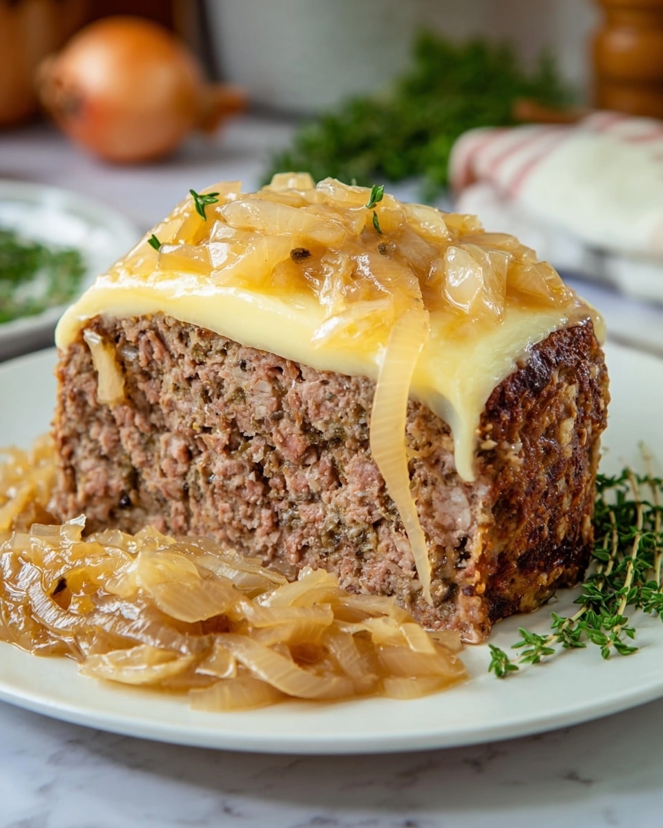 A thick slice of meatloaf with a coarse, crumbly brown texture sits in the center of a white plate. It is topped with a smooth, melted pale yellow cheese layer that drapes over the sides. On top of the cheese is a glossy layer of cooked, translucent caramelized onions with a light brown color. Surrounding the meatloaf on the plate is a generous amount of the same caramelized onions in a light brown sauce. Green herb sprigs are placed beside the meatloaf for garnish. The plate is placed on a white marbled surface with blurred background elements. photo taken with an iphone --ar 4:5 --v 7
