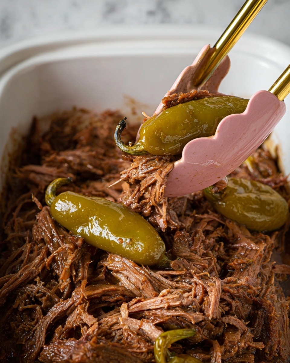 The image shows a close-up of a large amount of shredded brown meat in a white container, mixed with soaked green peppers. Pink silicone-tipped tongs with gold handles hold a portion of the tender, juicy meat along with one pepper, lifting it above the pile. The meat looks soft and wet, covered in a shiny, oily sauce. The peppers are smooth and glossy, positioned throughout the meat in the container. The whole scene is set against a white marbled texture. photo taken with an iphone --ar 4:5 --v 7