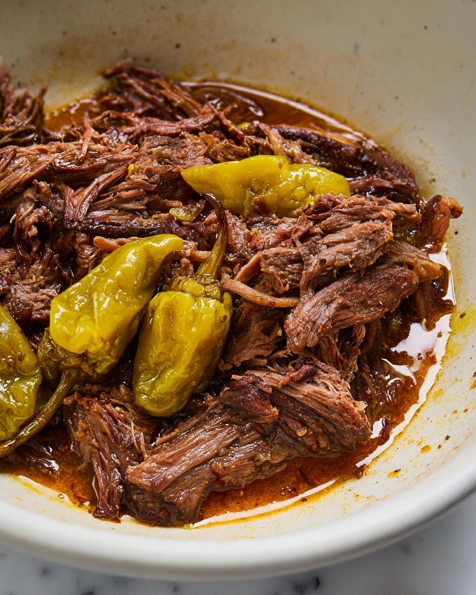 A close-up view of shredded cooked beef mixed with a few whole yellow-green pickled peppers, all sitting in a white bowl with some oily sauce pooling at the bottom and glistening on the meat and peppers. The beef is dark brown with visible strands and bits of fat, showing a moist and tender texture. The white bowl has small specks and slight stains on the edges, resting on a white marbled surface. Photo taken with an iphone --ar 4:5 --v 7