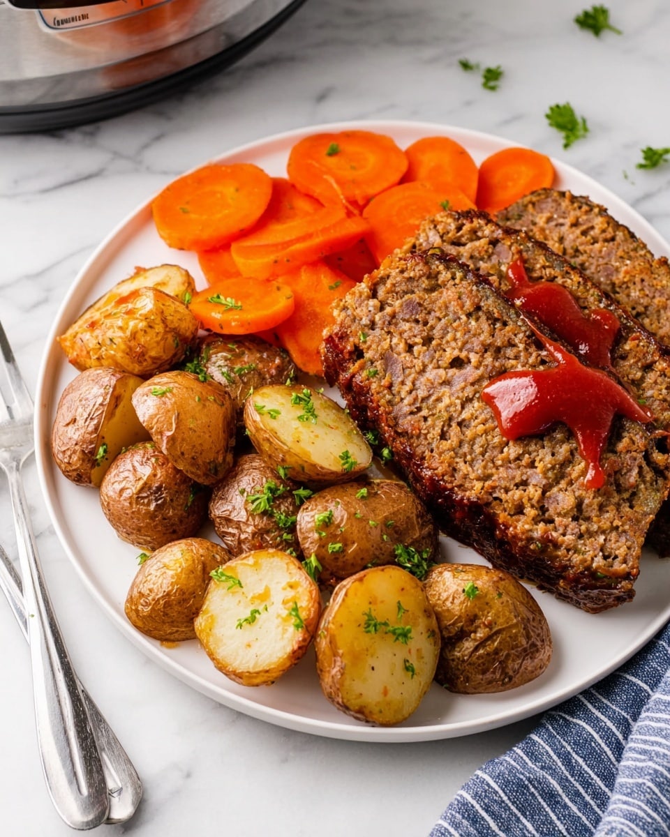 A white plate holds a meal with three main sections: two thick slices of brown meatloaf with a moist, crumbly texture and a thin layer of red ketchup drizzled on top, bright orange carrot slices cut into rounds scattered next to the meatloaf, and several roasted small potatoes in shades of golden brown with shiny, slightly crispy skins, all sprinkled with small green herb pieces. The plate sits on a white marbled surface, with a fork placed to the left side and part of a blue striped cloth napkin visible on the right. Photo taken with an iphone --ar 4:5 --v 7