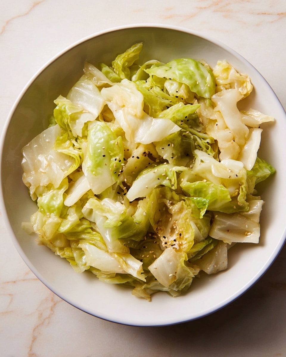 A white bowl filled with cooked cabbage pieces forms the dish. The cabbage is cut into uneven chunks, showing layered textures with soft white and light green shades. Some bits are a bit shiny, indicating a slight coating of oil or butter. Specks of black pepper and tiny white sesame seeds are scattered across the cabbage, adding a subtle contrast. The bowl sits on a surface with a white marbled texture, visible around the edges of the bowl. photo taken with an iphone --ar 4:5 --v 7