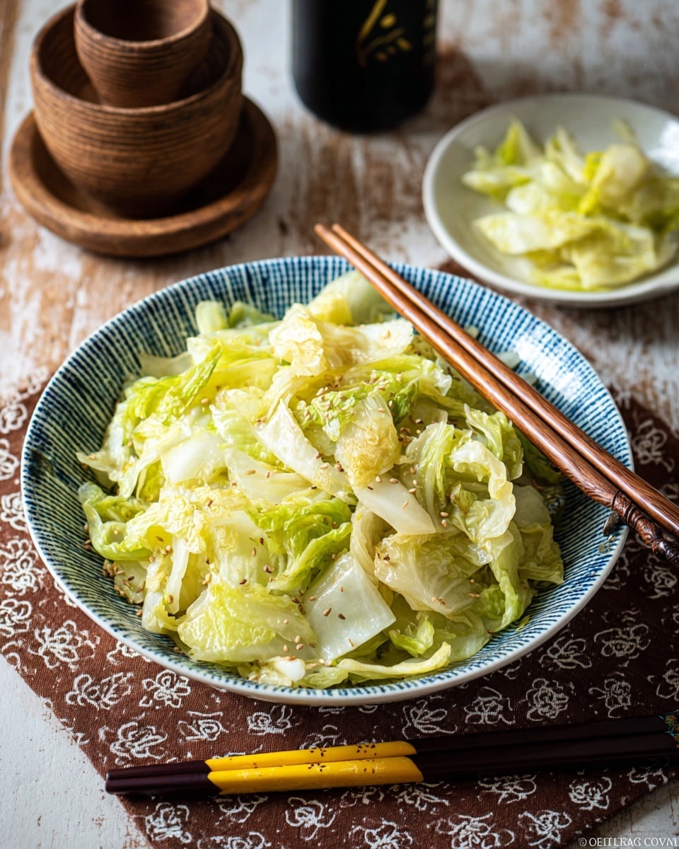 A bowl of sautéed cabbage sits in the center, piled high with light green and pale yellow cabbage pieces showing a wilted, soft texture. The cabbage is sprinkled with small sesame seeds, adding a slight texture contrast. The bowl is white with a blue patterned rim, and wooden chopsticks rest across the top right edge of the bowl. In the background, a small white dish with additional cabbage pieces is partly visible, along with a dark container and round wooden cups on a rustic wooden surface. A pair of chopsticks with dark and yellow handles rest on a brown cloth with a white pattern in the foreground. The whole scene is set against a white marbled texture surface. photo taken with an iphone --ar 4:5 --v 7