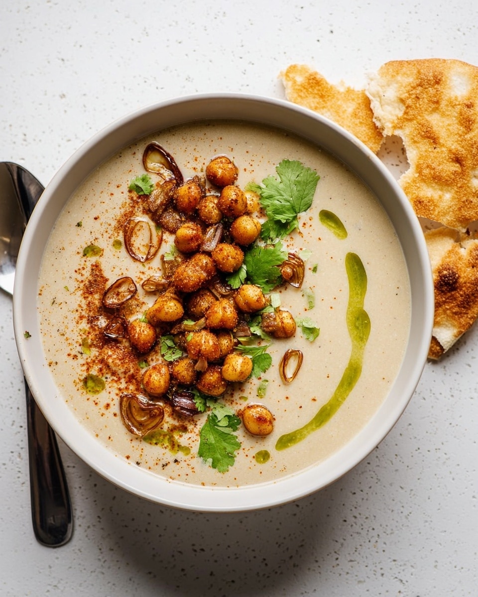 Two bowls of creamy, pale yellow soup are placed on a white marbled surface. Each bowl is white with a slight gray rim and filled with the smooth, thick soup. On top of the soup in both bowls, there is a layer of golden-brown roasted chickpeas scattered evenly and sprinkled with fresh green parsley leaves. A wooden spoon with a metal tip rests inside the lower bowl, slightly stirring the soup. To the left, a small white dish holds extra roasted chickpeas, and to the right, a small wooden bowl has more chopped parsley. An orange textured cloth is placed near the lower bowl, adding a warm color contrast. Photo taken with an iphone --ar 4:5 --v 7