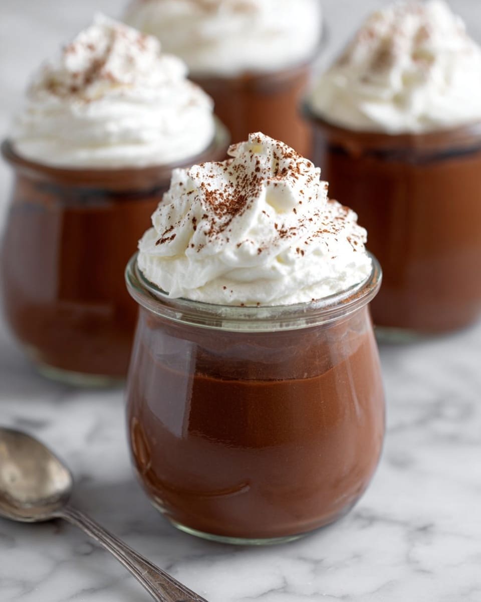 Two glass bowls contain chocolate mousse desserts, each with three visible layers: a smooth dark brown chocolate mousse base, a dollop of white whipped cream on top, and curled chocolate shavings scattered over the whipped cream. One bowl shows a scoop taken out, revealing the creamy texture of the chocolate mousse underneath the whipped cream. Two silver spoons lie on a white marbled surface near the bowls, one clean and one with some chocolate and cream residue. The lighting highlights the glossy, rich appearance of the mousse and the soft fluffiness of the whipped cream. Photo taken with an iphone --ar 4:5 --v 7