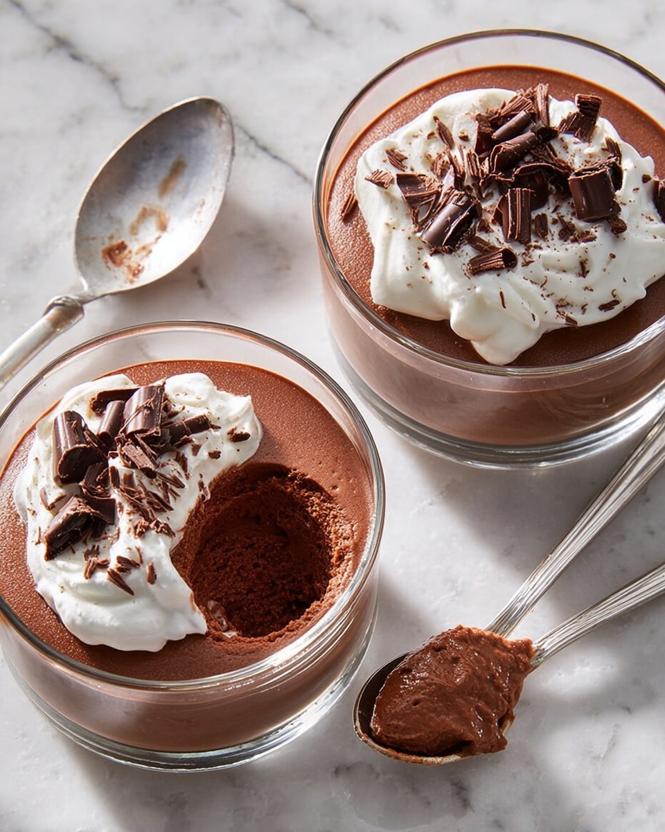 A small glass jar filled with three layers is shown. The bottom and largest layer is smooth, dark brown chocolate pudding that fills most of the jar. On top of the pudding is a thick, fluffy layer of white whipped cream, swirled and slightly uneven, giving a soft texture. The whipped cream is dusted with a light sprinkle of fine brown cocoa powder. The jar is placed on a white marbled surface with a small silver spoon lying nearby. In the background, three more glass jars with the same dessert are slightly out of focus. photo taken with an iphone --ar 4:5 --v 7