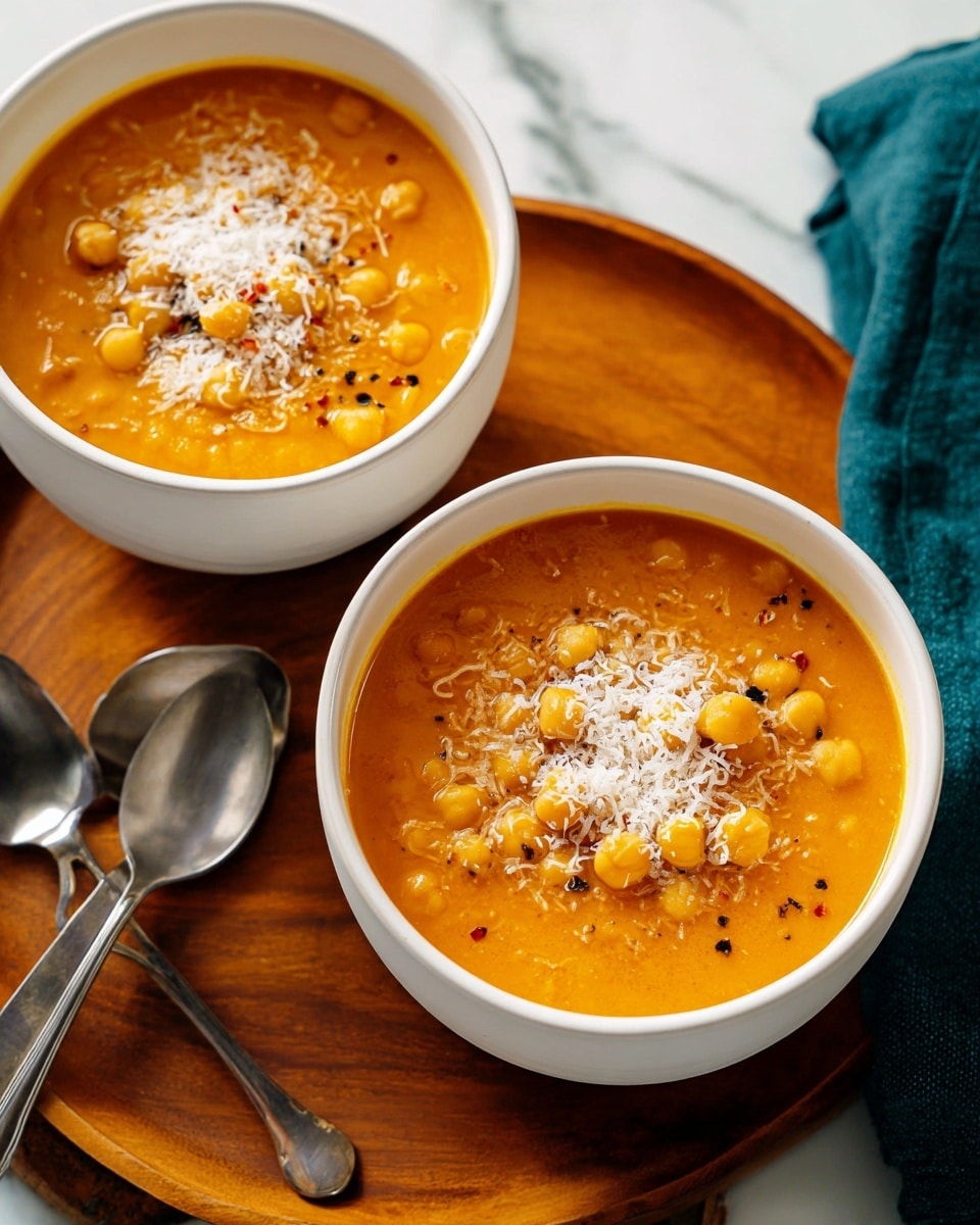 Two white soup bowls filled with thick orange soup that has visible chickpeas and small chunks of texture. The soup is topped with a sprinkle of white shredded cheese and small black pepper flakes on each bowl. The bowls are placed on a round wooden board with a smooth warm brown texture. Next to the bowls are two silver spoons side by side and a dark teal cloth is partially visible on the right side. The background is a white marbled texture photo taken with an iphone --ar 4:5 --v 7