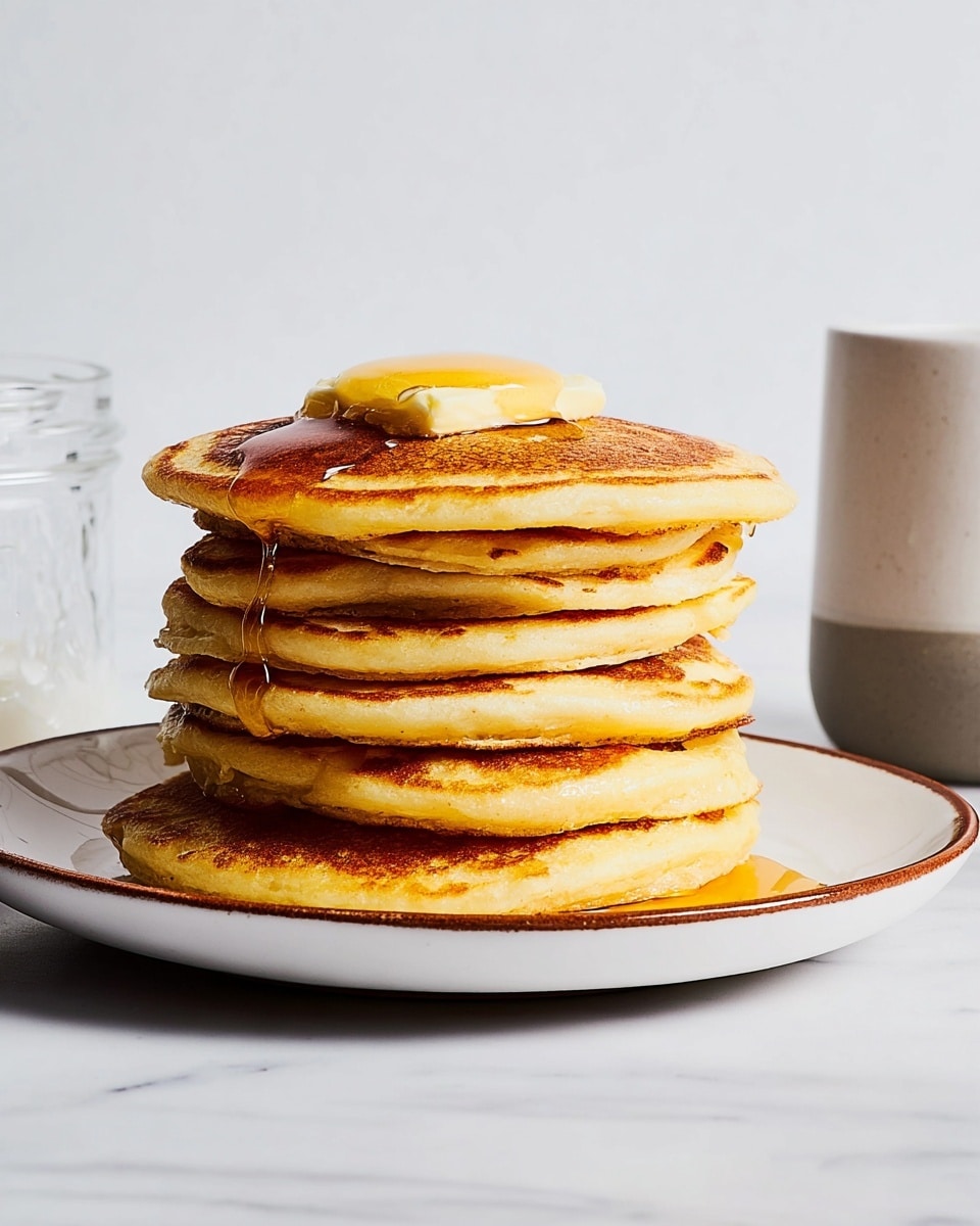 A stack of six golden brown pancakes is placed on a white plate with a thin brown rim, sitting on a white marbled surface. Each pancake shows a fluffy texture with slightly darker edges. A pat of butter, slightly melted, rests on top of the stack, and honey drips down the sides, creating shiny golden streams that glisten. There is a glass jar on the left and a white cup with a gray bottom on the right, both slightly out of focus against a plain white marbled background. photo taken with an iphone --ar 4:5 --v 7