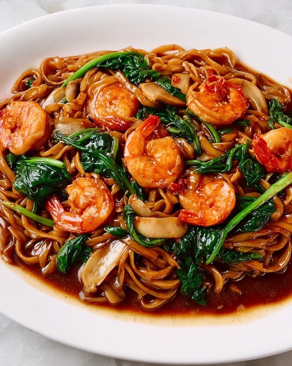 A white oval plate filled with thick, brown noodles coated in a shiny sauce as the main layer, mixed with bright green leafy vegetables and several pieces of reddish-orange cooked shrimp placed on top and throughout the dish. There are also thin slices of light brown mushrooms scattered among the noodles, adding more texture. The sauce pools slightly at the bottom, giving a glossy and rich look to the whole dish. The white marbled surface underneath adds a clean, simple background to highlight the colors of the food. photo taken with an iphone --ar 4:5 --v 7