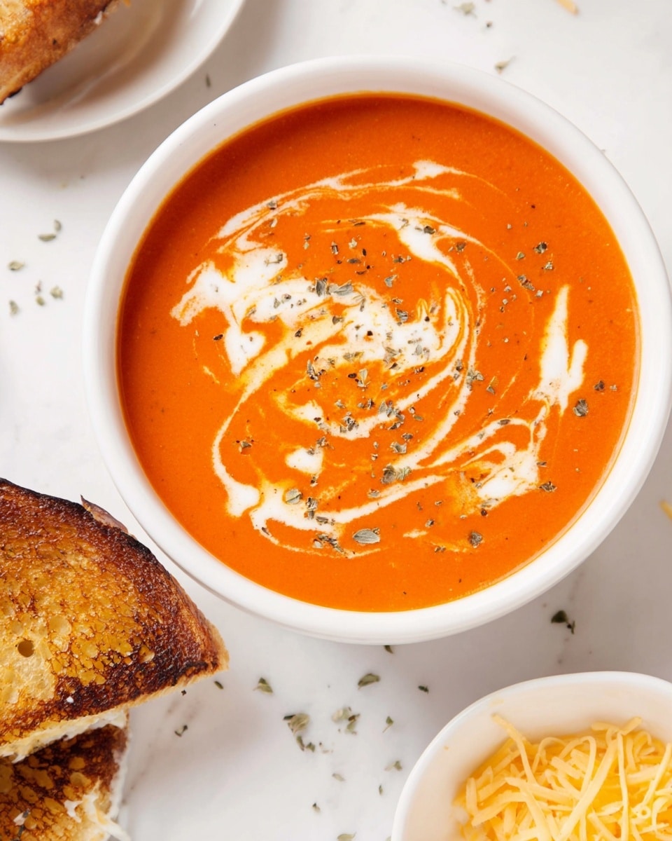 A white bowl filled with smooth, bright orange tomato soup topped with swirls of white cream and sprinkled with small green dried herbs. The bowl sits on a white marbled surface, with bits of dried herbs scattered around. Nearby, there is a white plate holding a piece of grilled bread with a golden brown crust and a bite taken out of it. On the right side, a small white bowl contains shredded cheese in light yellow and pale orange shades. photo taken with an iphone --ar 4:5 --v 7