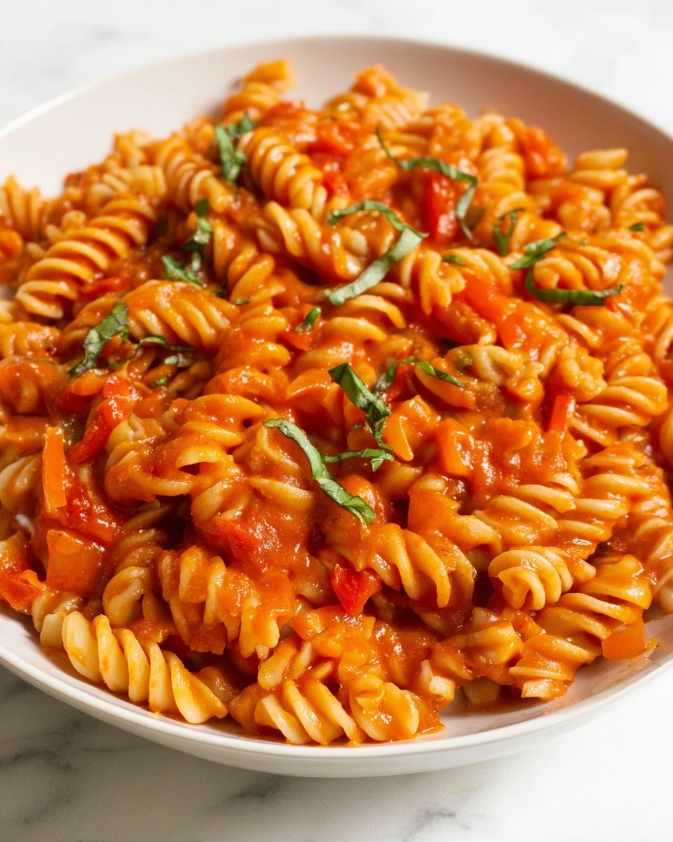The image shows a close-up of rotini pasta covered in a thick, bright orange-red tomato sauce, with small pieces of diced tomatoes and slivers of red peppers mixed in. The pasta spirals are well-coated with the sauce, giving them a shiny, slightly wet texture. Scattered on top are thin strips of fresh green basil, adding a contrast of color. The dish is served in a white bowl against a white marbled surface. photo taken with an iphone --ar 4:5 --v 7